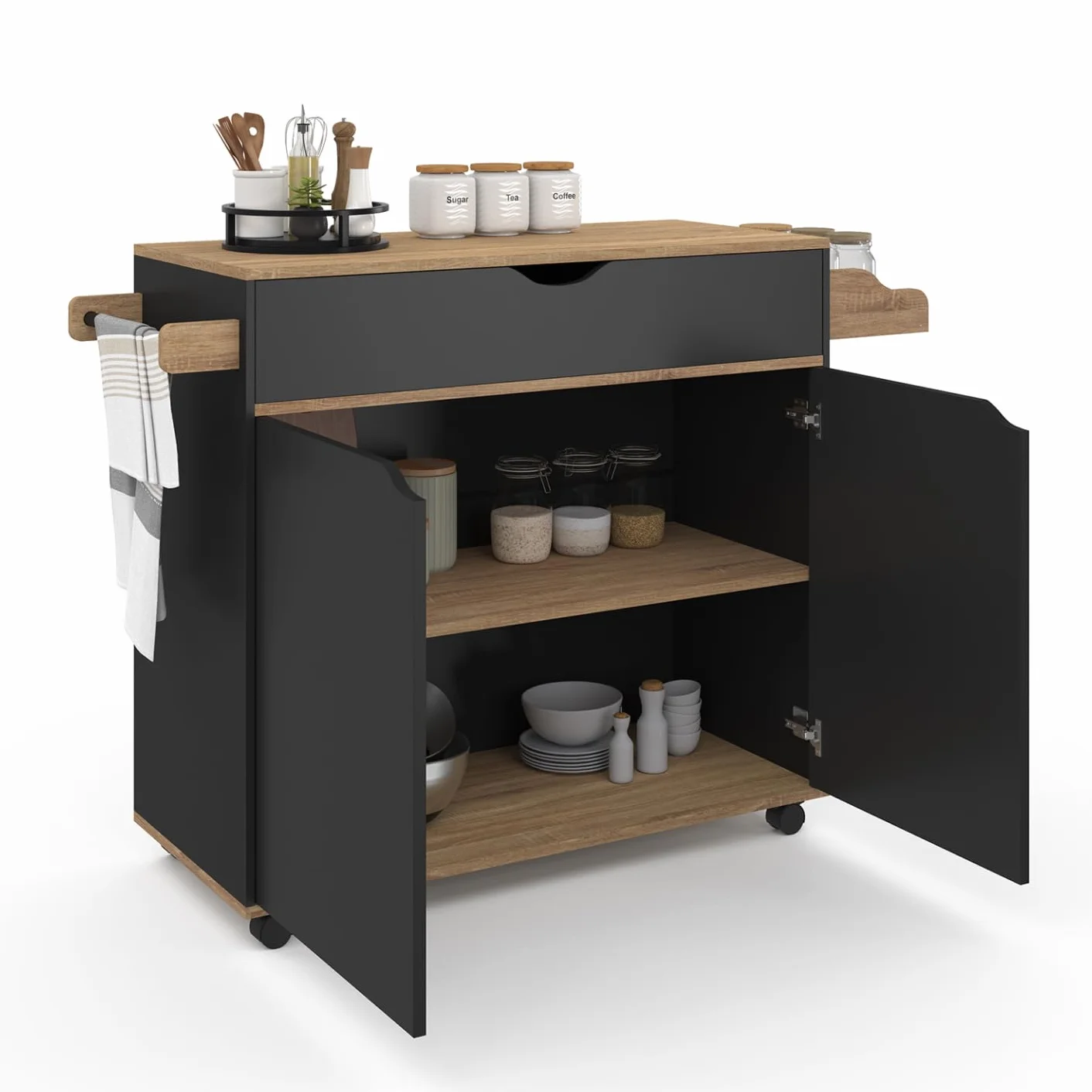 IDMarket – Postre de cocina COSY XXL armario con cajón negro y bandejas de haya, 90 cm