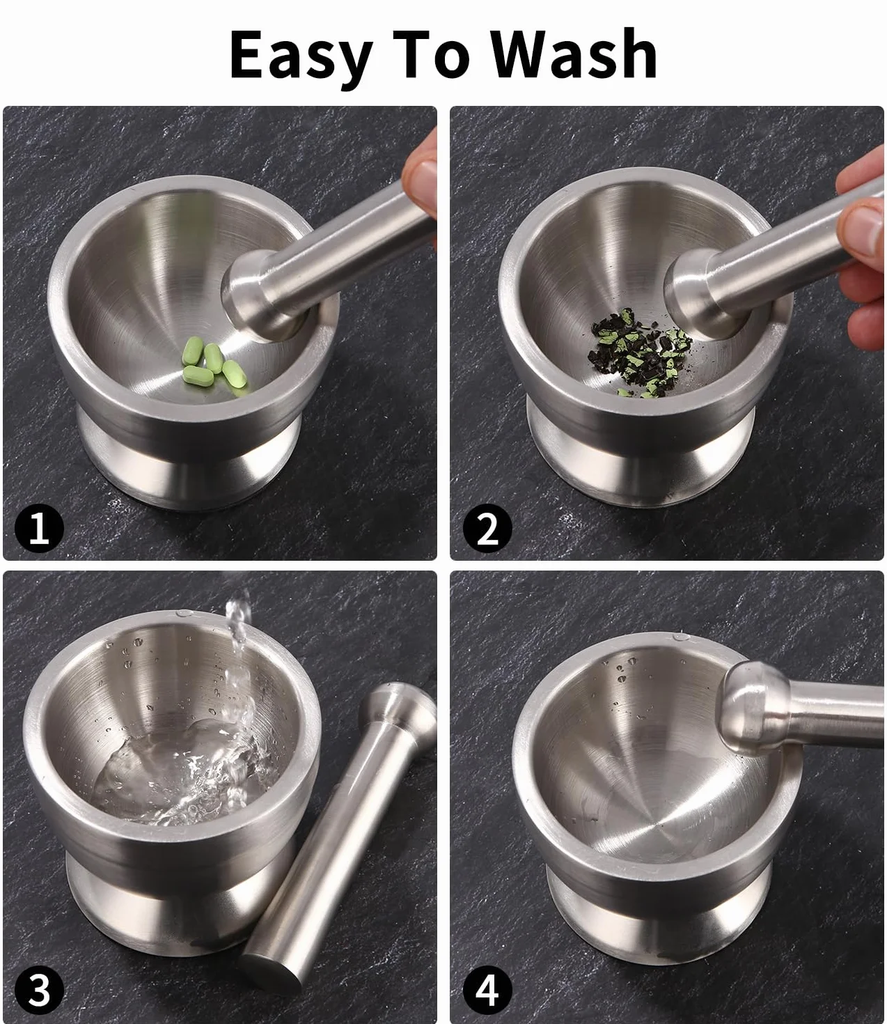 Mortero de Cocina de Acero Inoxidable Con Cuchara y Tapa de Silicona - Molinillo de Especias de Primera Calidad, Trituradora y Tazón de Hierbas - Perfecto Para Moler, Mezclar y Almacenar