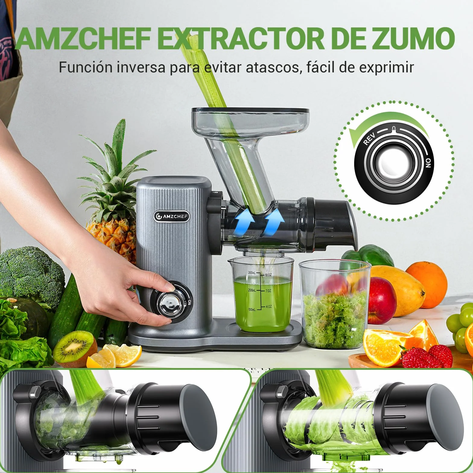 AMZCHEF Juicer Compacto Con Dos Modos De Alimentación Para Uun Uso Fácil - Extractor De Zumos Y Verduras Silencioso De Alta Tecnología Con Masticación Inversa Y Un Rendimiento De Zumo Ultra Alto