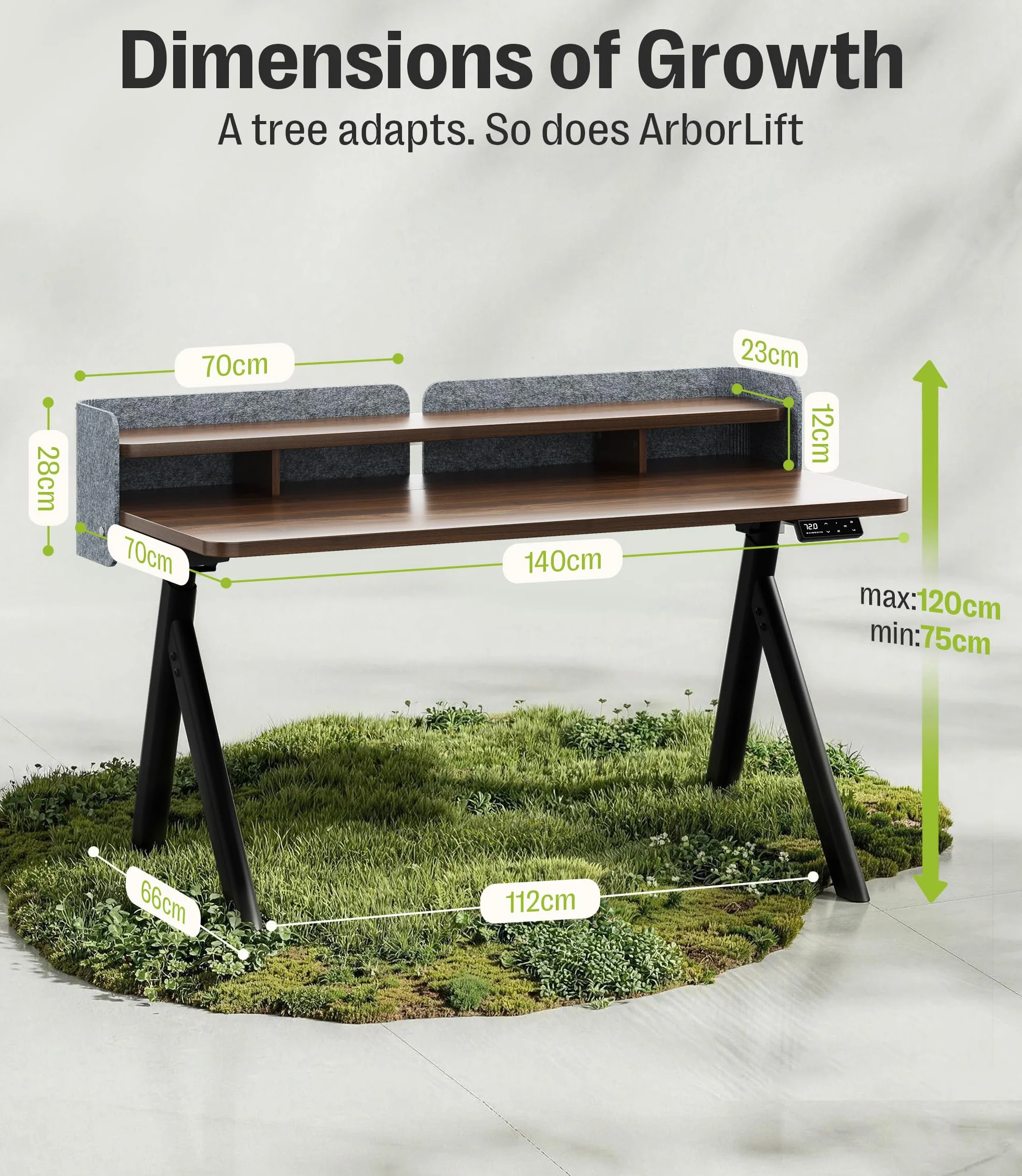 MAIDeSITe Mesa Escritorio Elevable 140x70cm, Estable Eléctrica Elevable Escritorio con Patas Ovaladas Ramificadas, Soporte para Monitor y Pantalla de Fieltro Privada, Mesa para Oficina Hogar