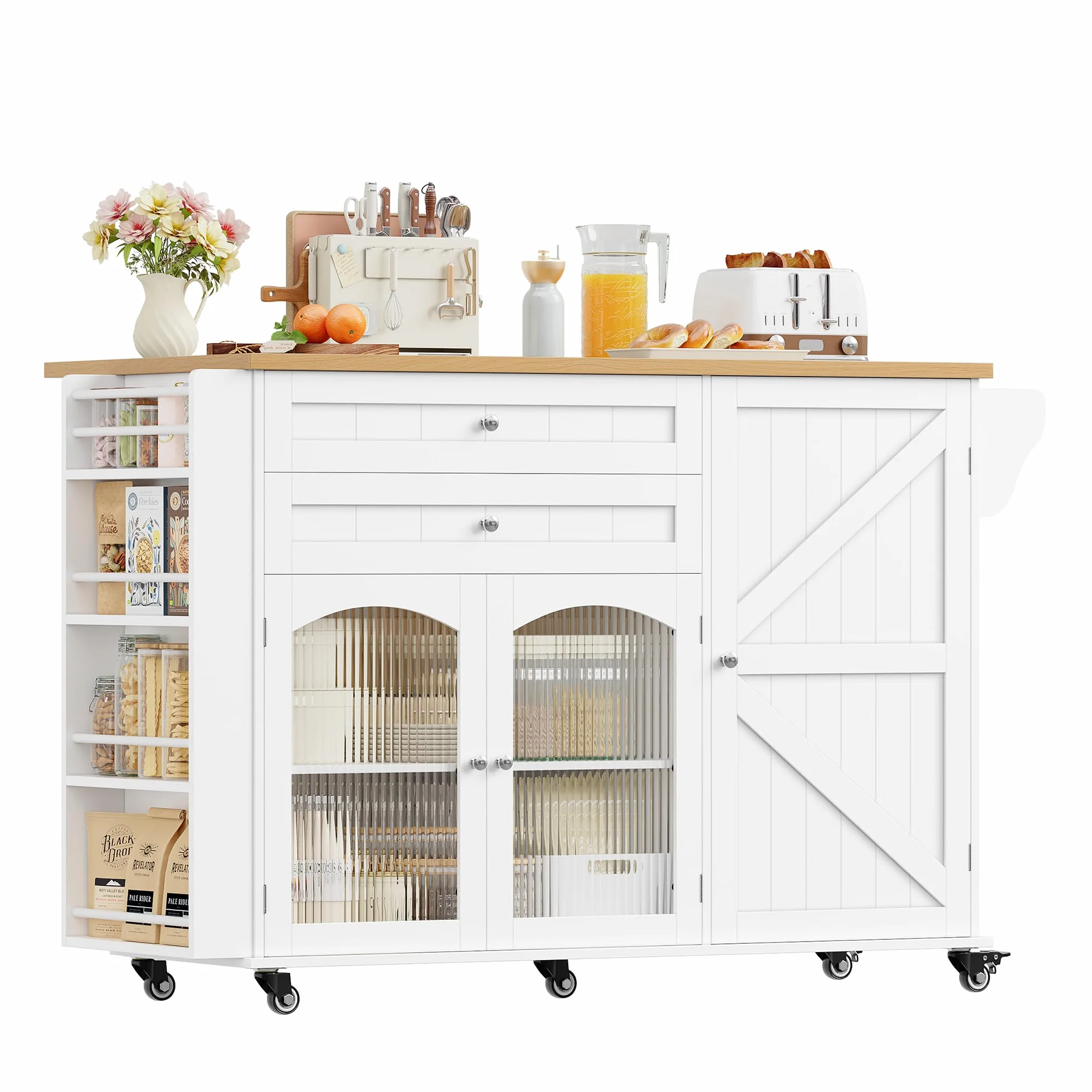 FirFurd Isla Cocina con Ruedas, Isla de Cocina con Barra, Mueble Cocina Auxiliar, con Mesa Plegable, con 5 Ruedas, 2 Cajones y 3 Puertas, Especiero y Toallero (Blanco)