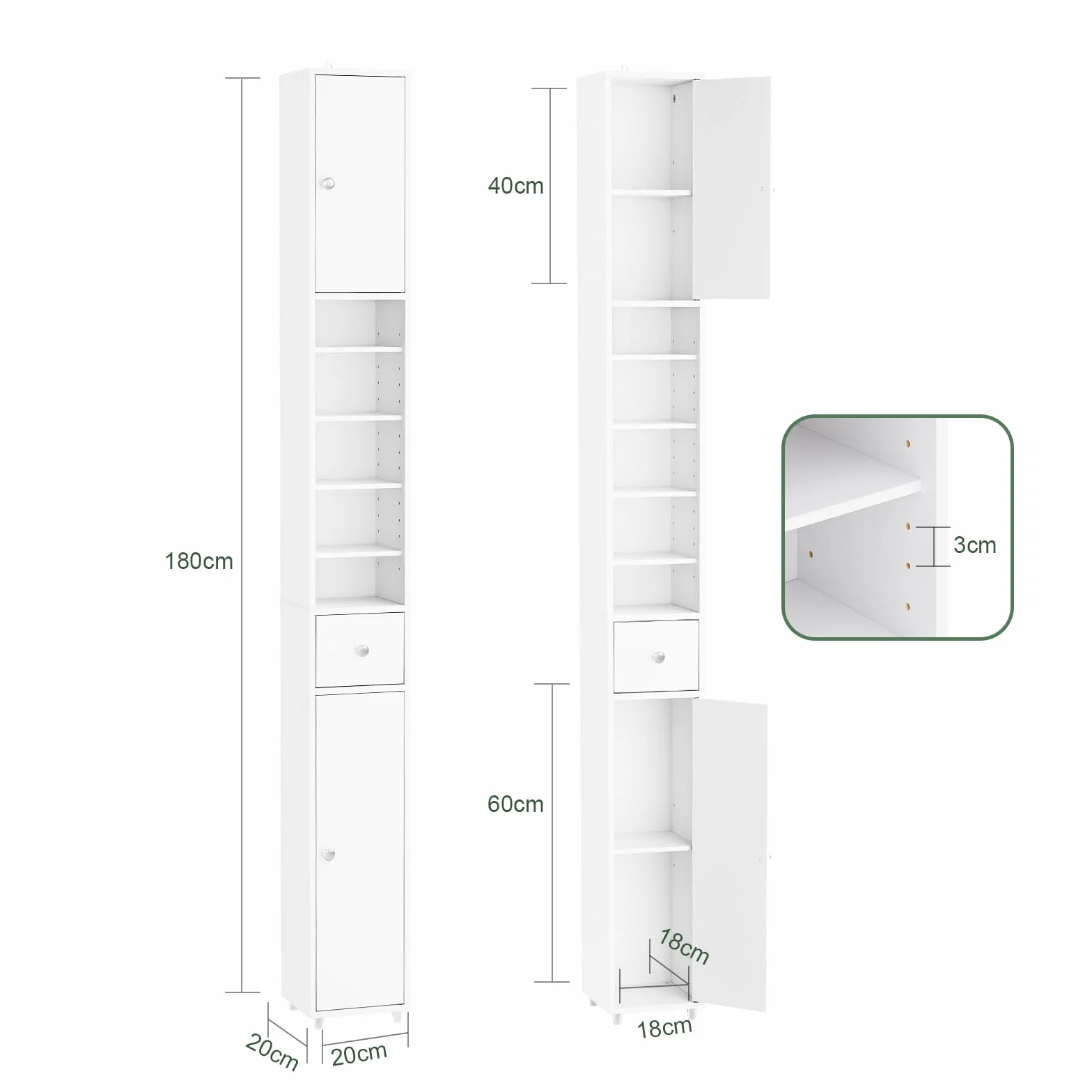 SoBuy Mueble Baño Estrecho Alto Armario Columna Auxiliar Almacenaje con Estantes Regulables Cajón 20x20x180cm BZR34-II-W