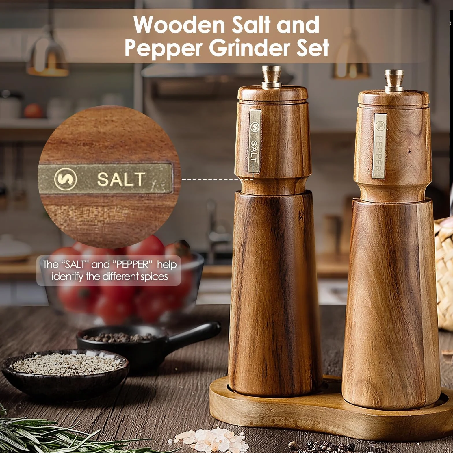 Juego de Molinillo Pimienta Madera con Bandeja, 2 Molinillo Especias Manual, Grueso Ajustable, Rotor de Cerámica para Moler, para Chile, Lila, Pimienta, Sal, 8 Pulgadas, (Marrón+Marrón)