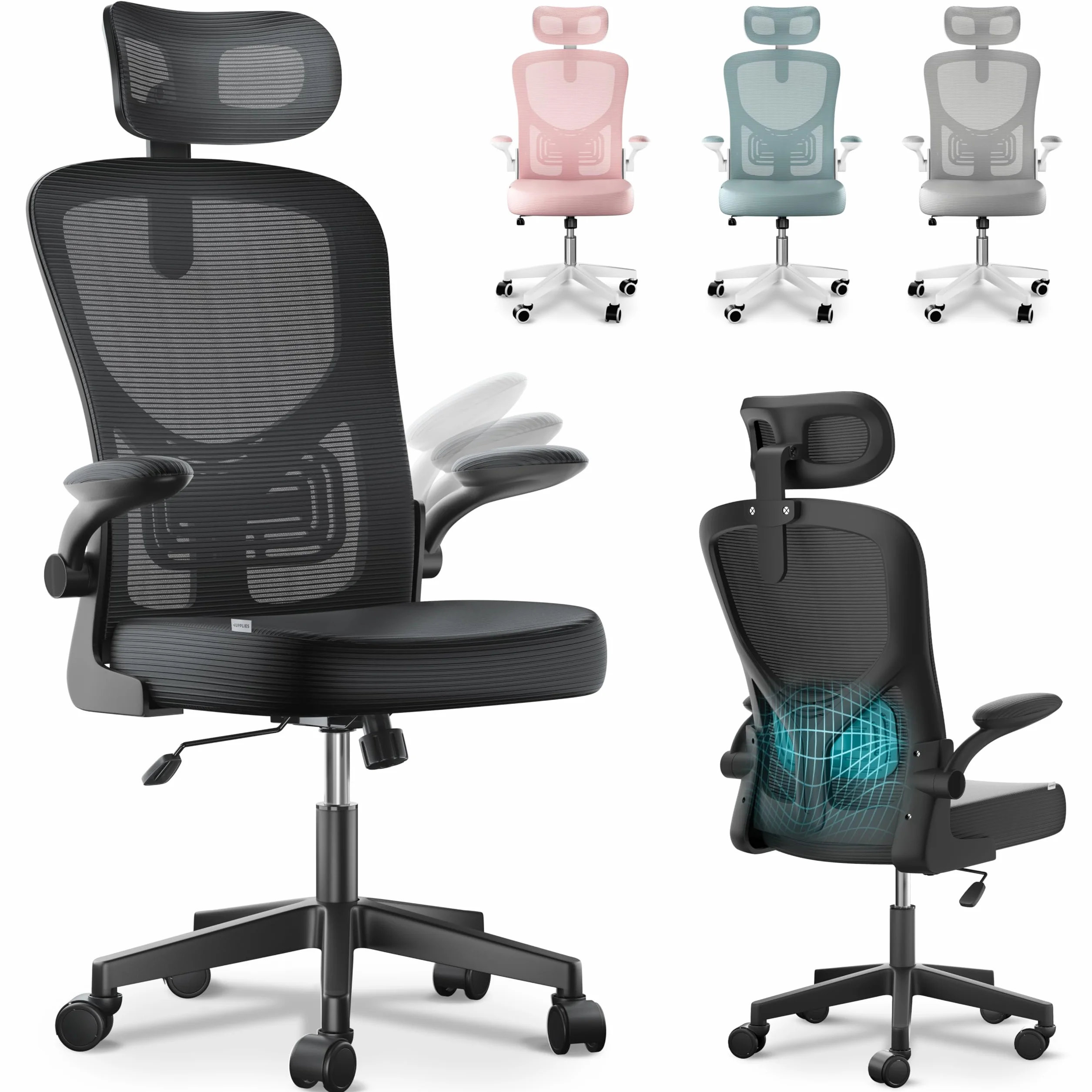Silla Escritorio Ergonómica Ajustable Reclinable con Soporte Lumbar, Reposacabezas, Reposabrazos Plegables, Malla Transpirable, Ruedas 360°, 120 kg