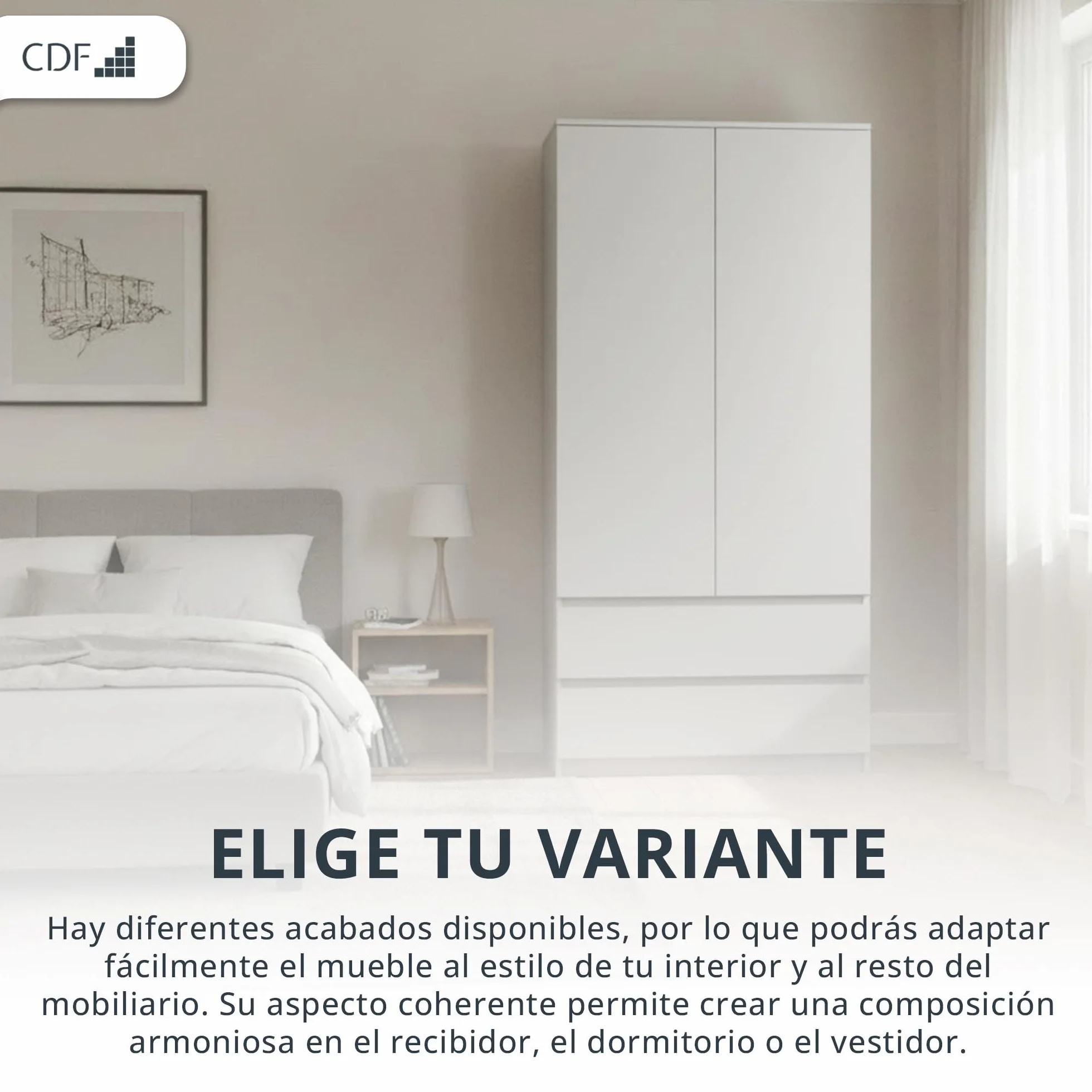 CDF Armario Dormitorio 90cm 2 Puertas 2 Cajones Armario Ropero Blanco Tablero Laminado 16 mm