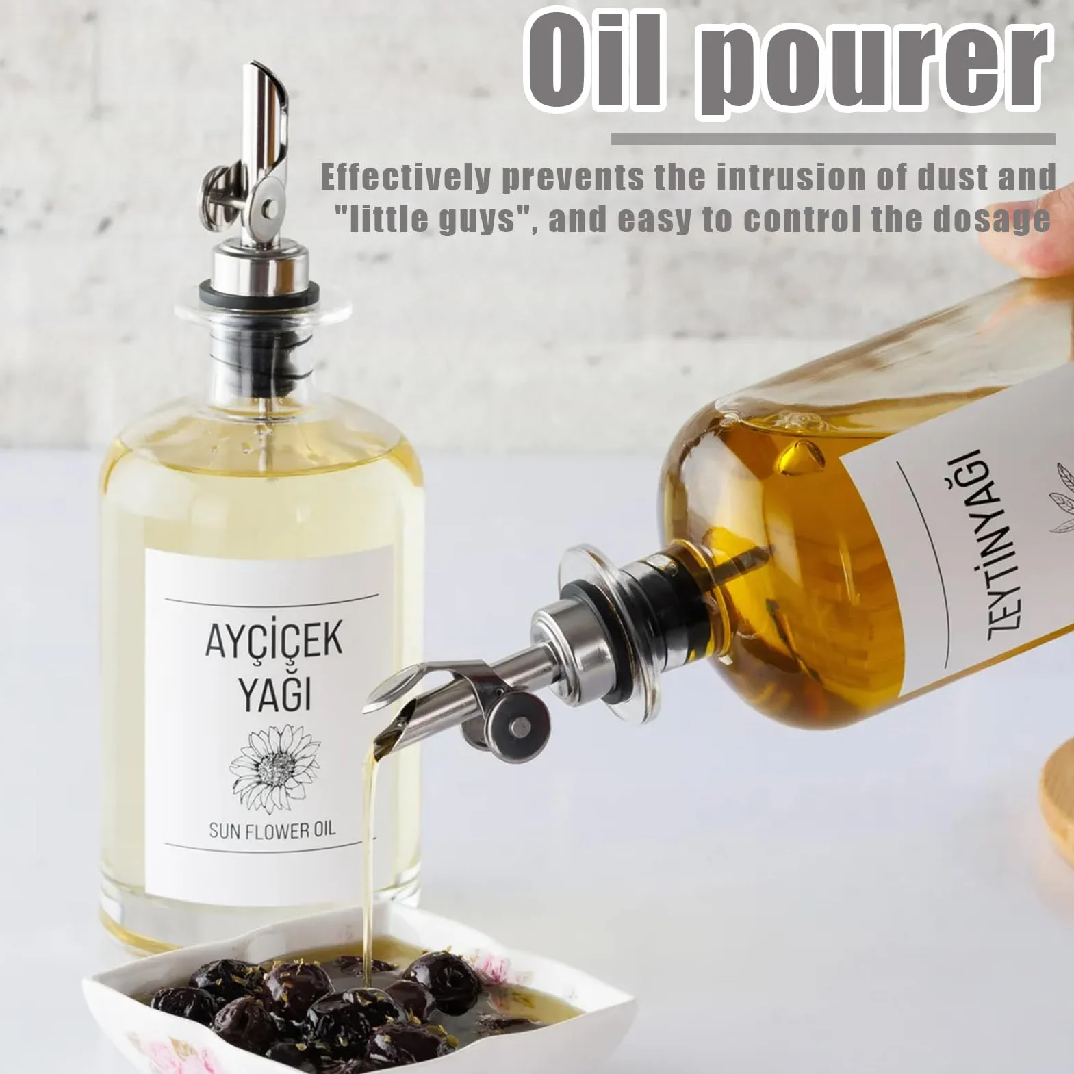 Vertedor de aceite acero inoxidable 2 unidades plateado con tapa protectora