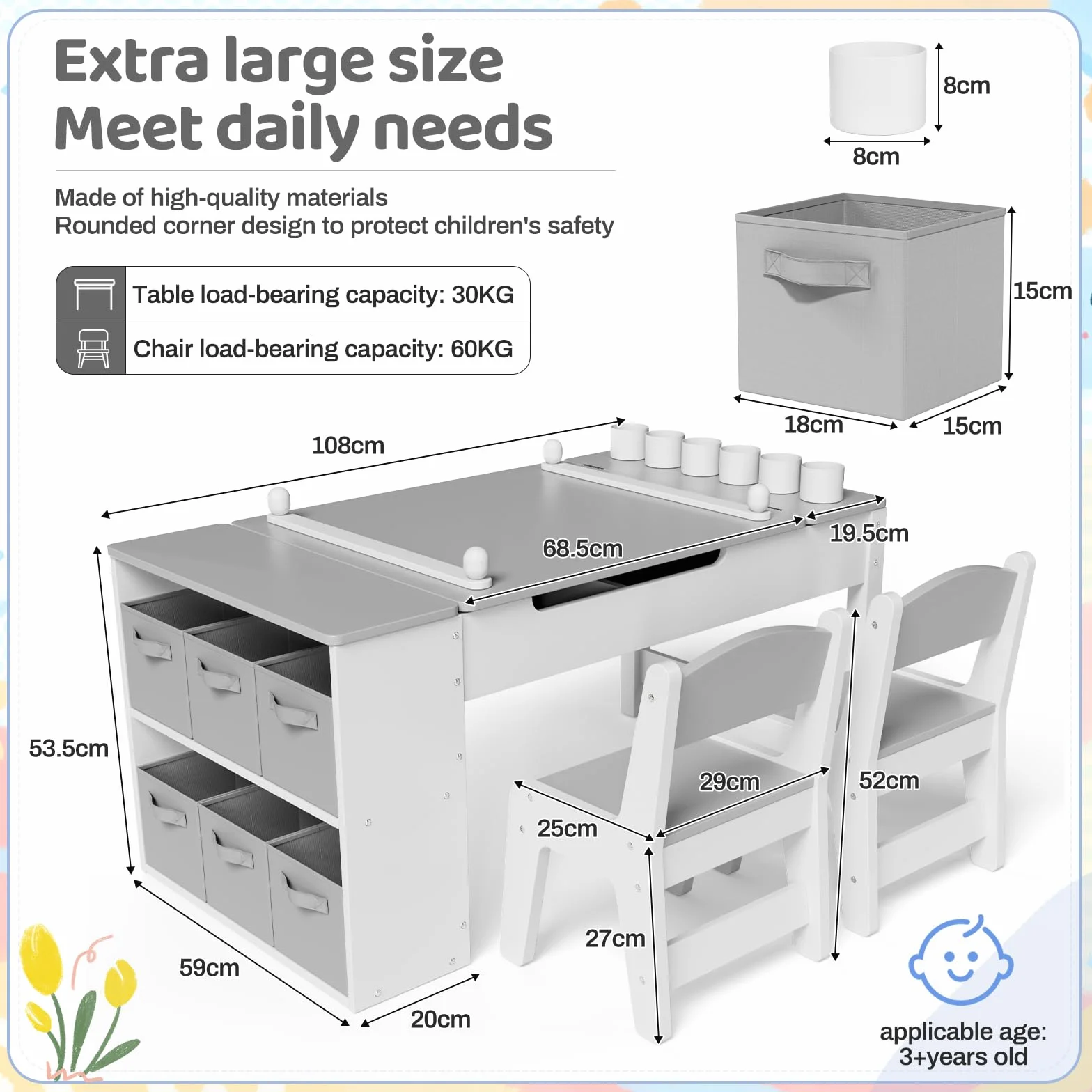 MAMIZO Mesa y Sillas Infantiles Madera con 2 Sillas, Mobiliario Infantil con Espacio de Almacenaje para Niños a Partir de 3 Años, Mesa de Pintura para Habitación Infantil, Sala de Juegos (Gris)