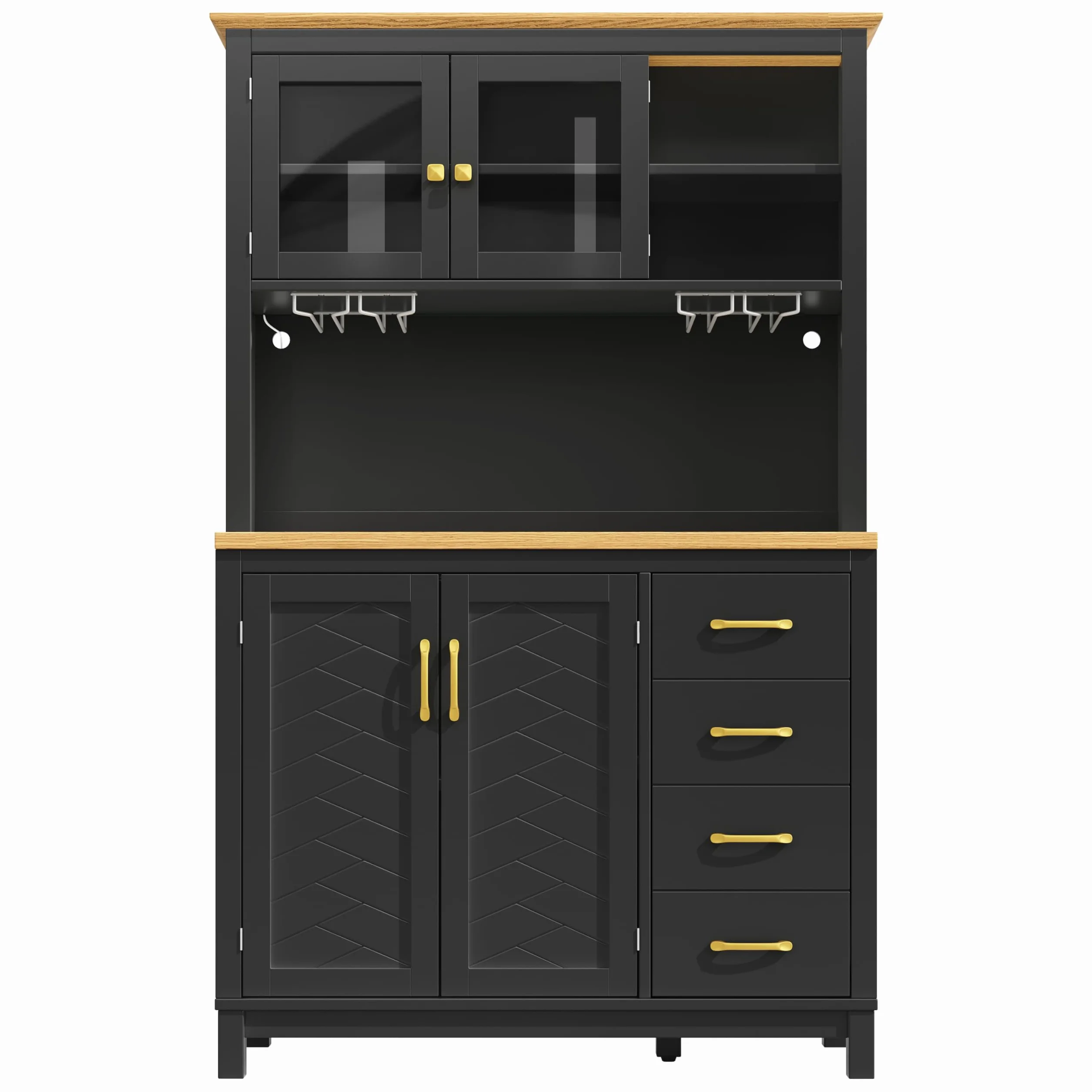 Armario Cocina Alto con Luz LED y Almacenaje, Aparador Cocina con Cajón y 4 Puertas, Mueble Aparadores Alacena de Cocina Despensa con Portavasos y Dispositivo Antivuelco, 105.5x40x180 cm, Negro