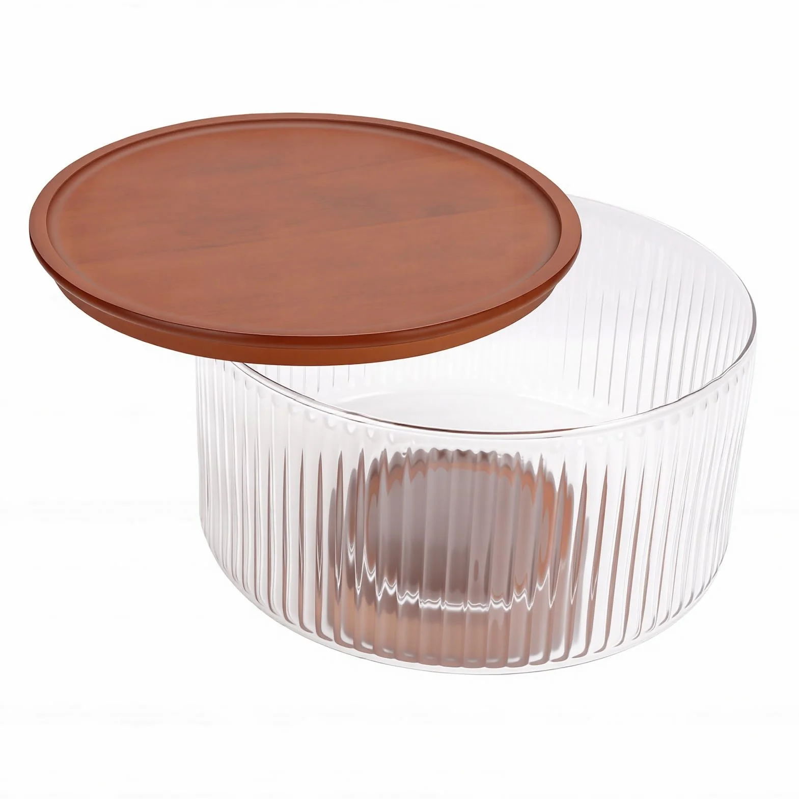 Ejoyous Ensaladera Grande de Vidrio, Cuenco Acanalado para Servir con Tapa de Base de Madera, Plato Transparente de 23 X 15 X 14,5 Cm para Cenas Familiares, Fiestas, Reuniones, Mesa de Buffet (claro)