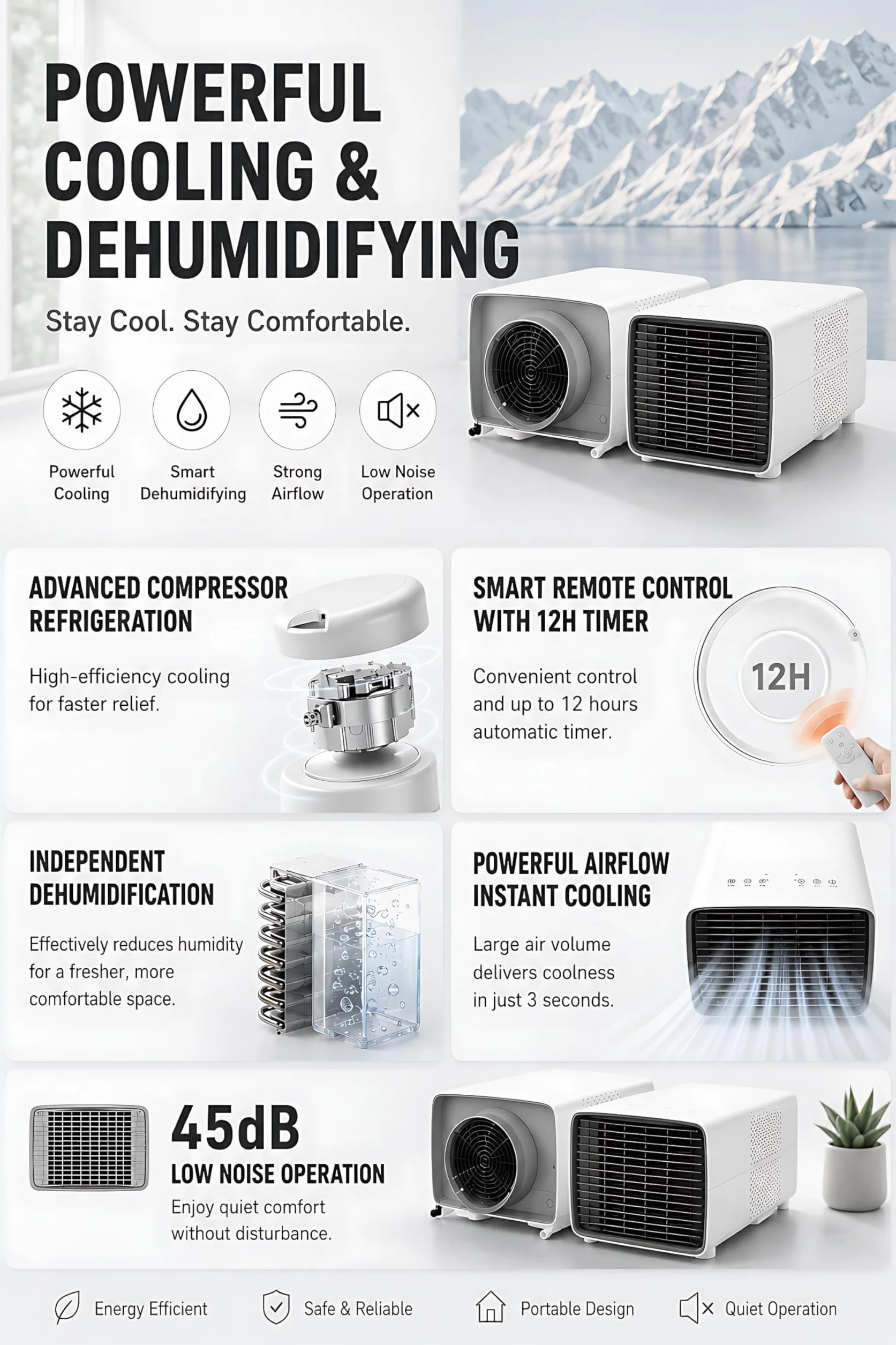 Aire Acondicionado Portátil 2700 BTU, 280W Bajo Consumo, 3 en 1 Enfriador, Deshumidificador y Ventilador con Compresor DC, Silencioso, Mando a Distancia para Camping y Caravana