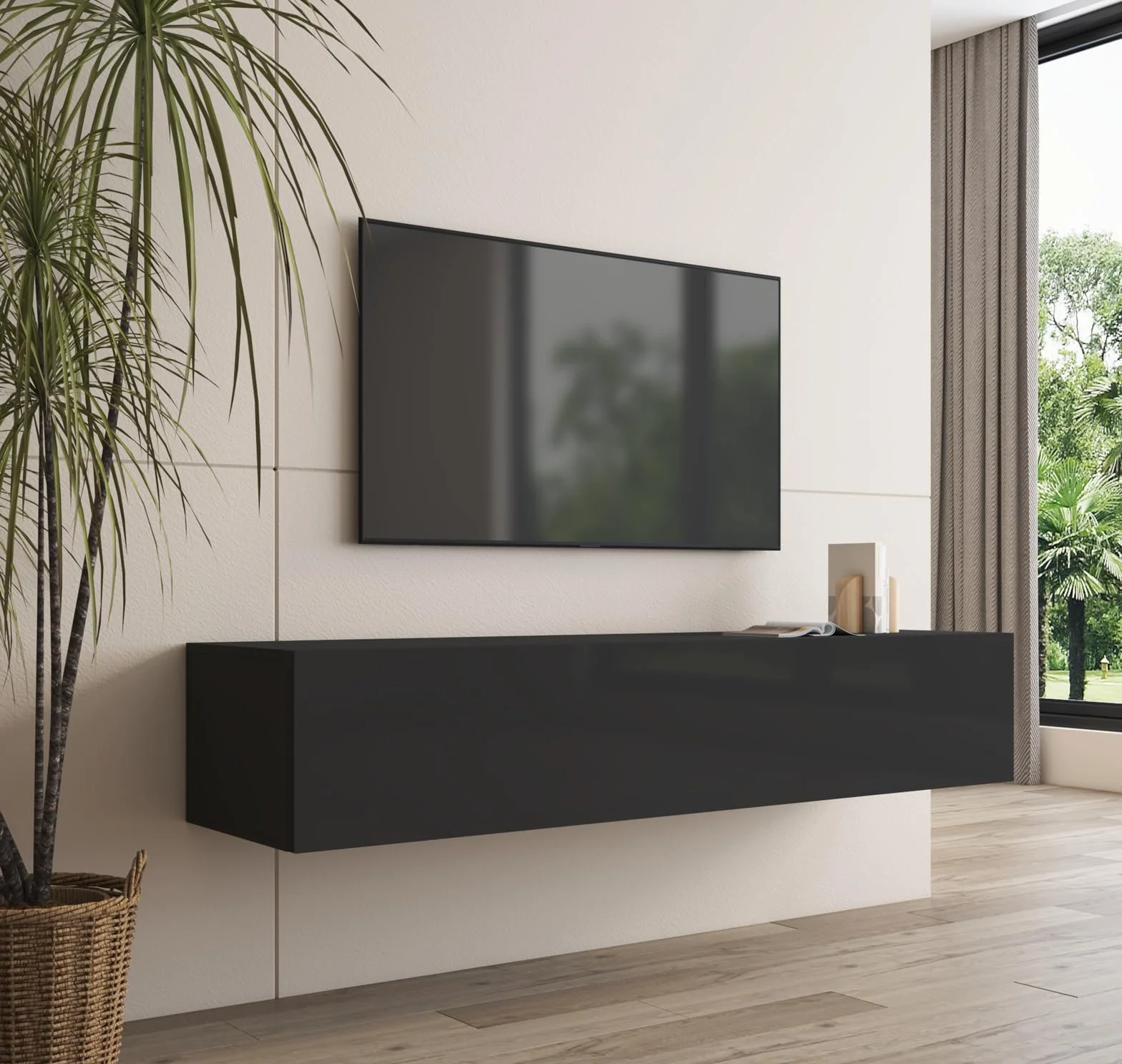 MB Muebles Bonitos, Mueble TV Colgante Nora H2 para Salón Moderno, 1 Puerta 3 Compartimentos, Color Negro, 160x30x40 cm