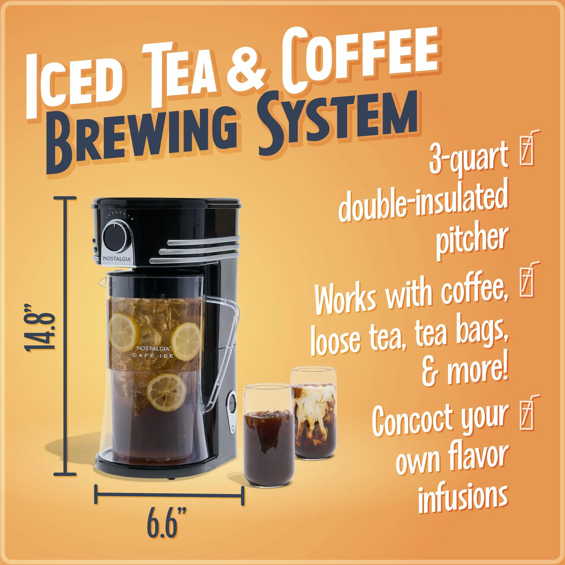 Nostalgia 3-Quart Iced Coffee & Tea Brewing System With Double-Insulated Pitcher, Strength Selector & Infuser Chamber, Also Perfect For Lattes, Lemonade, Flavored Water, Black