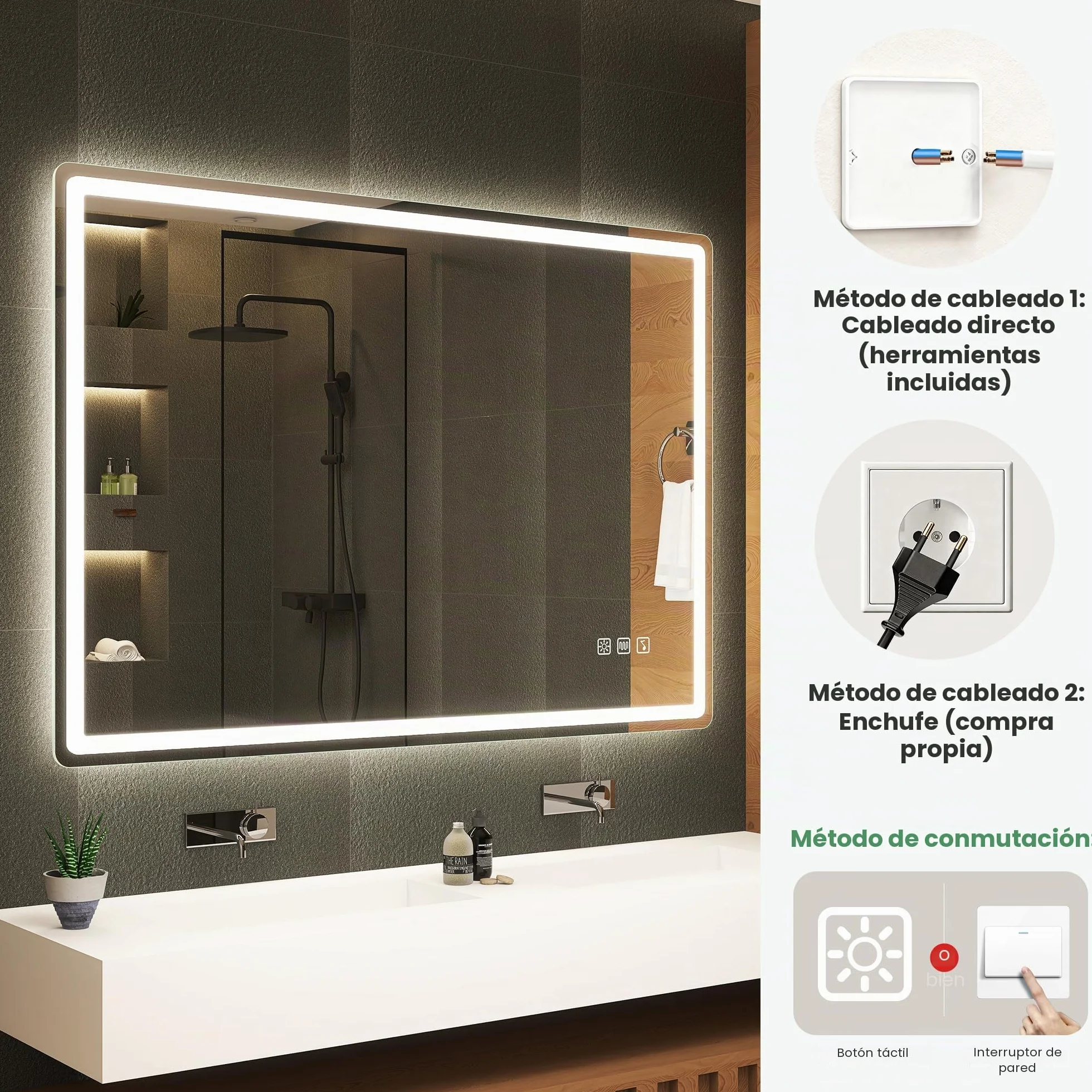 S'bagno Espejo Baño LED Bluetooth 100x70cm IP44 Antivaho Regulable 3000K/4000K/6500K
