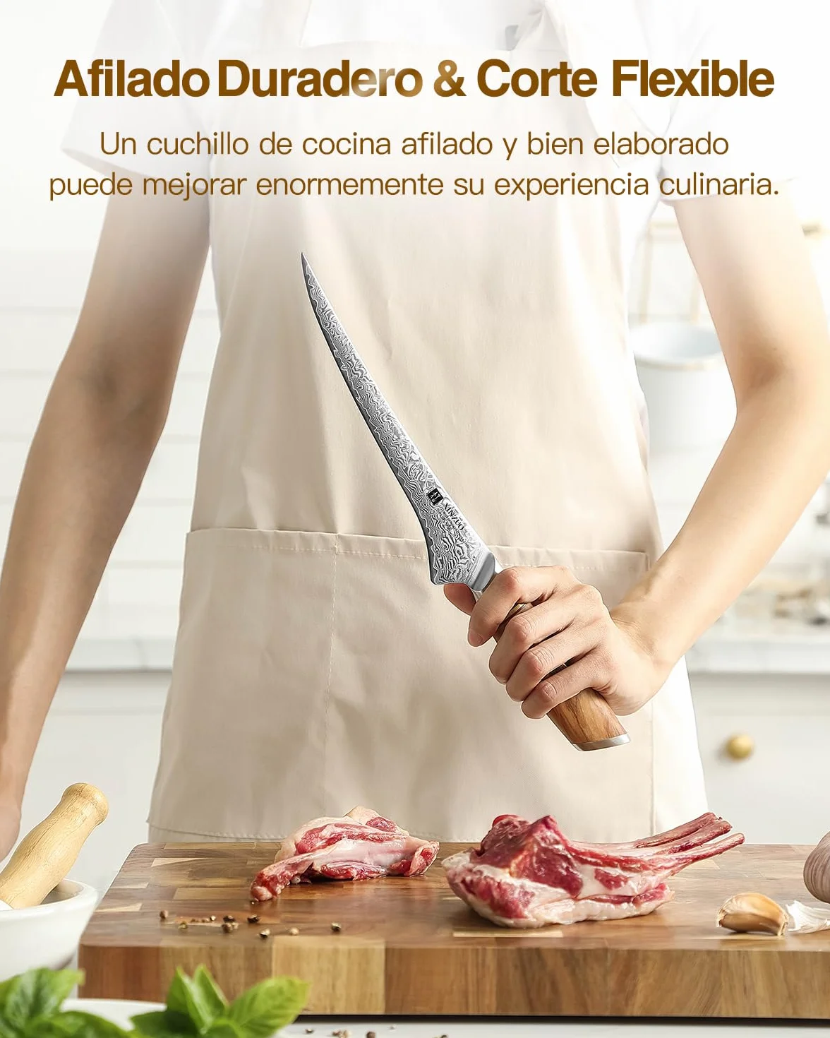 XINZUO Cuchillo de Filete 17,8cm Acero Damasco 73 Capas Mango Olivo