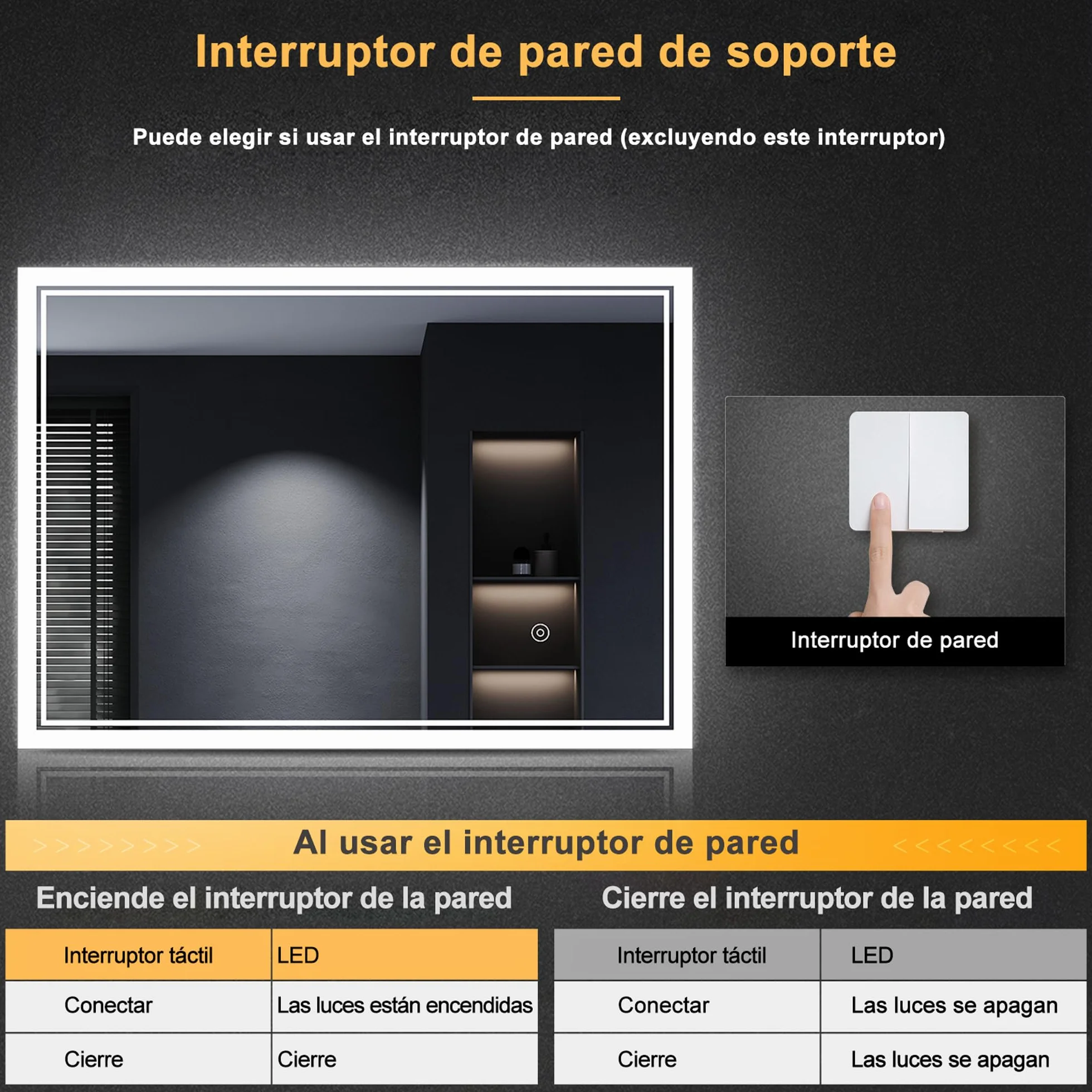 SONNI Espejo de Baño con Iluminación 80 x 60 cm Antiniebla Espejo de Baño con Interruptor Táctil Espejo de Pared Blanco Frío 6400k Interruptor de Pared IP44