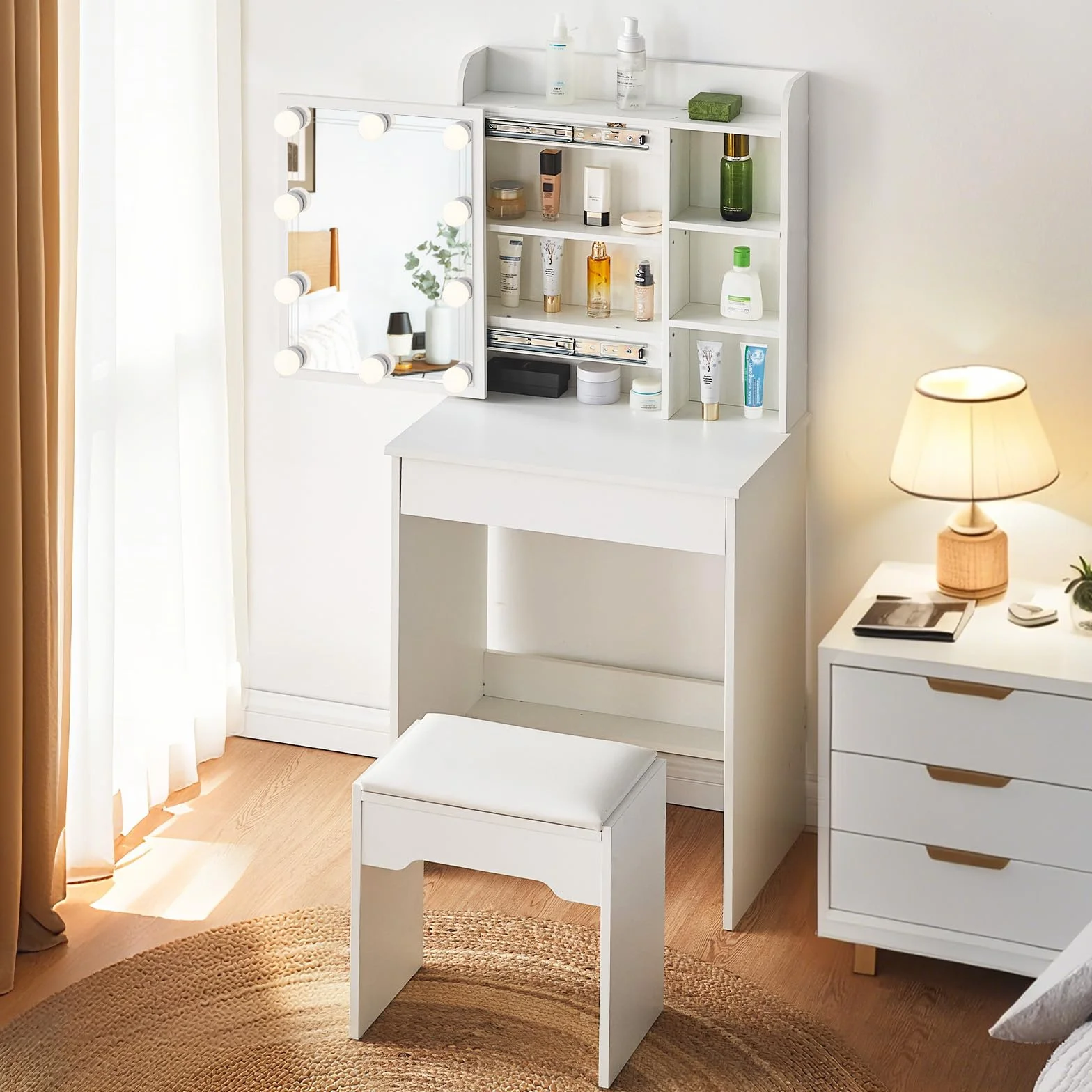 LEMROE Tocador Hollywood con Espejo LED y Taburete, Mesa de Maquillaje Blanca con 7 Estantes y 1 Cajón