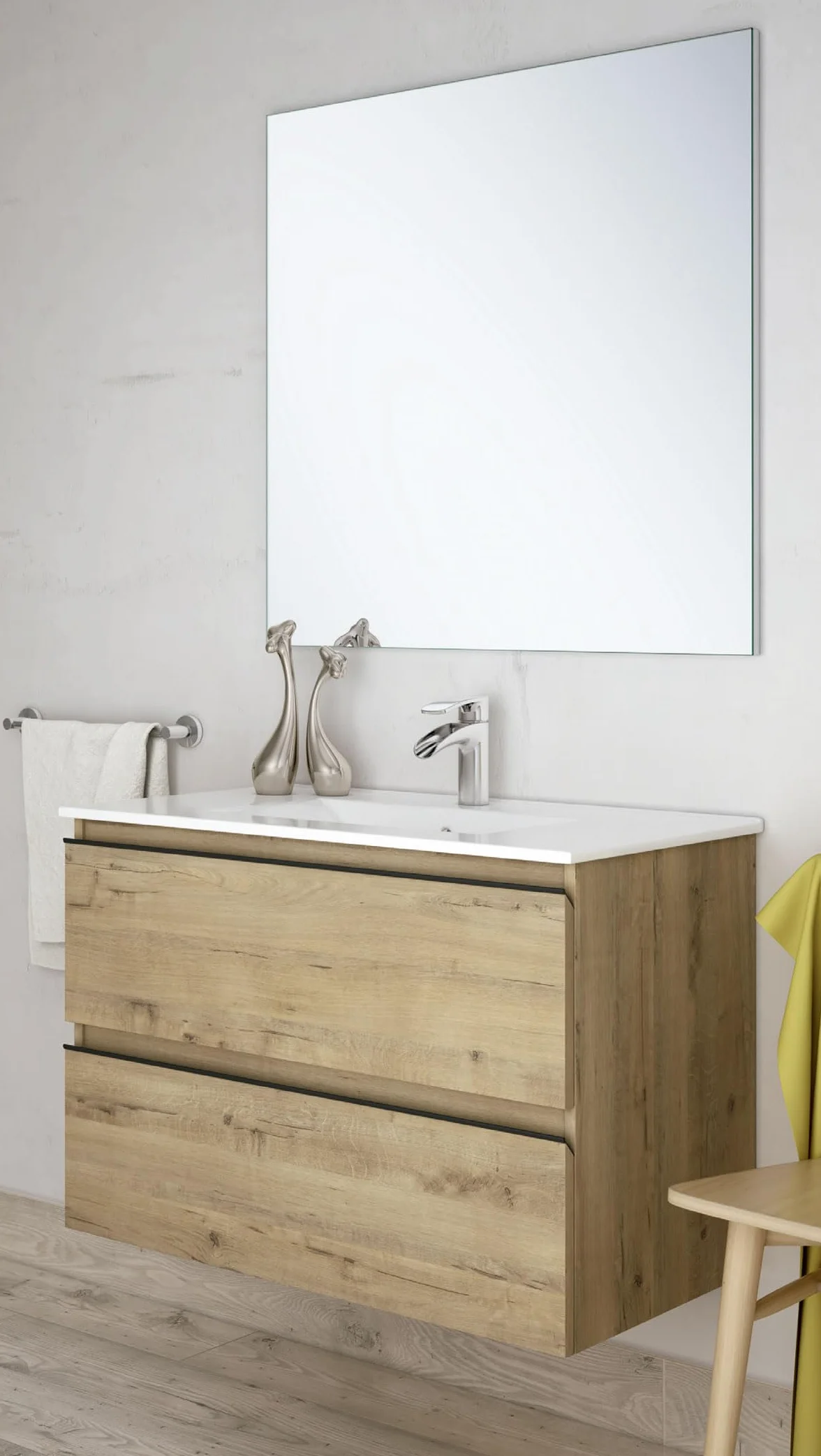 Aquore | Conjunto de Baño Suspendido con 2 Cajones Modelo Dundee | Mueble de Baño Suspendido Fondo 45 cm | Incluye Lavabo Cerámica Blanco (Roble Ostippo, 80 x 45 x 59 cm)