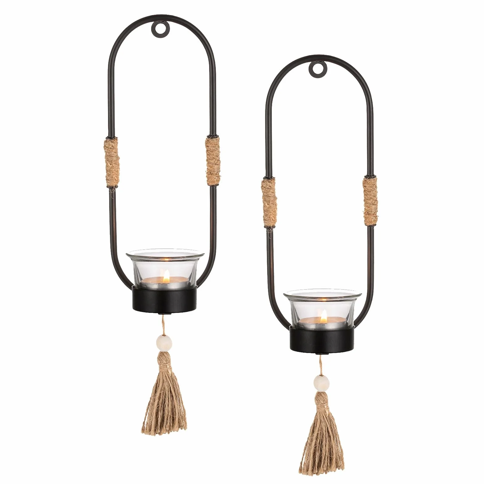Romadedi - Soporte para velas de pared, diseño bohemio, color negro, 2 unidades, estilo vintage, soporte de pared de metal para velas de pilar, para dormitorio, tartas, salón, espejo