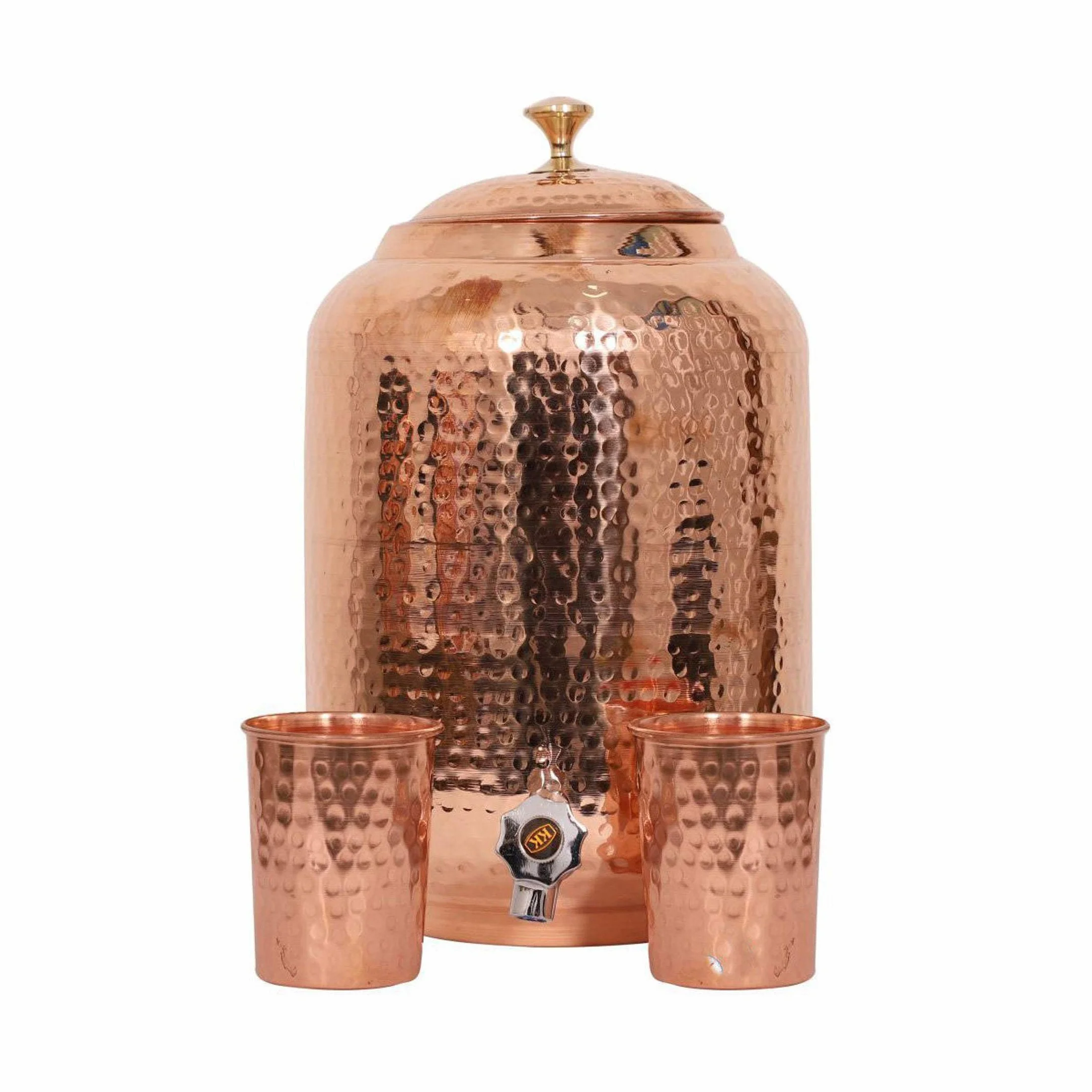 Dispensador de agua de cobre puro martillado a mano de la India hecho a mano Olla 4 litros Ayurveda tanque de almacenamiento de agua curativa botella de cobre taza jarra con 2