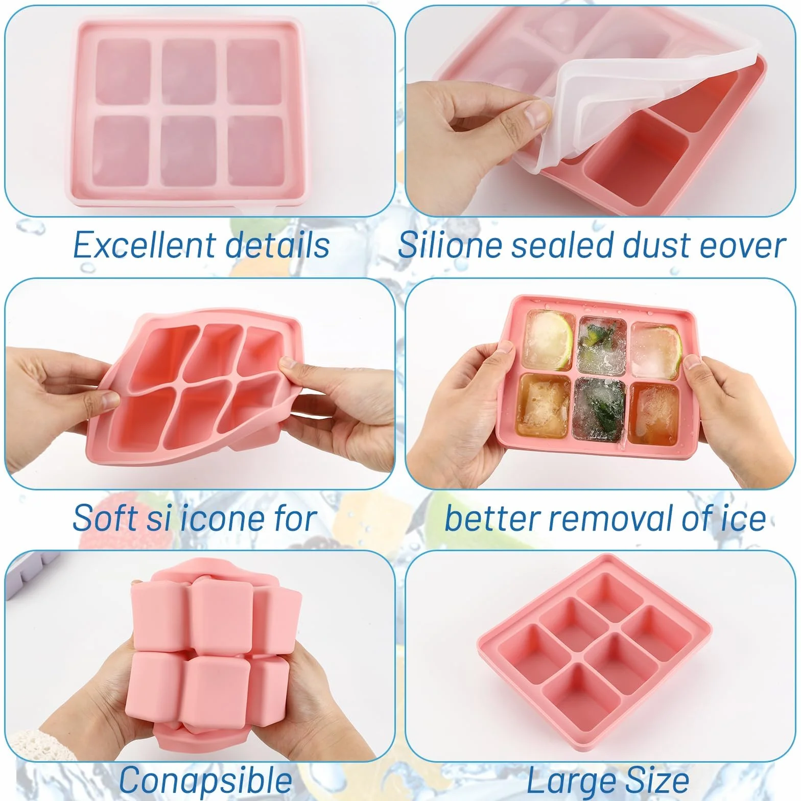 Auauraintt 3 Pack cubiteras de hielo de silicona con tapa apilables aptas para lavavajillas