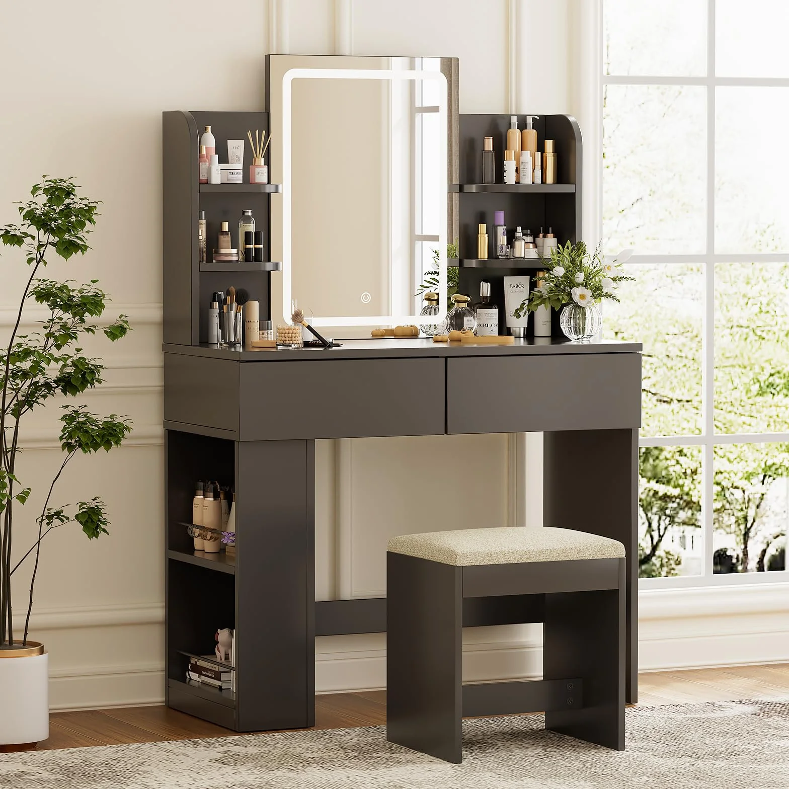 TRIUMPHKEY Tocador de Maquillaje con Espejo LED Regulable, Mesa de Maquillaje con 2 Cajones y Taburete, 90x40x135 cm, Negro
