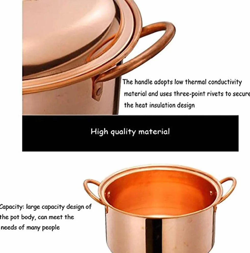 Olla de Sopa y Estofado de Cobre Hecha a Mano - Cazuela Profunda Para Estufa de Gas - 26cm