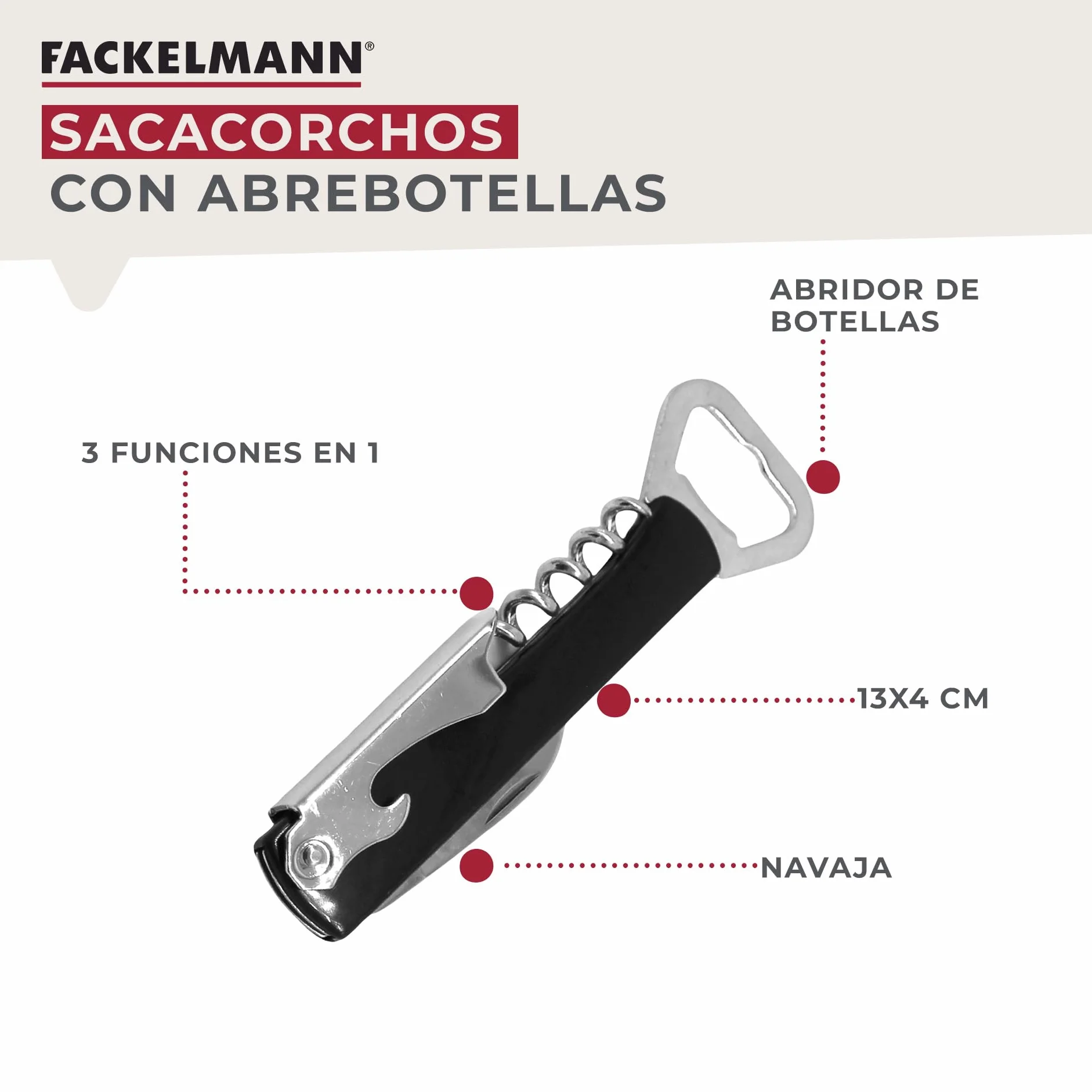 FACKELMANN Sacacorchos Camarero Multifuncional, 13,5x8x1 cm, 1 Ud