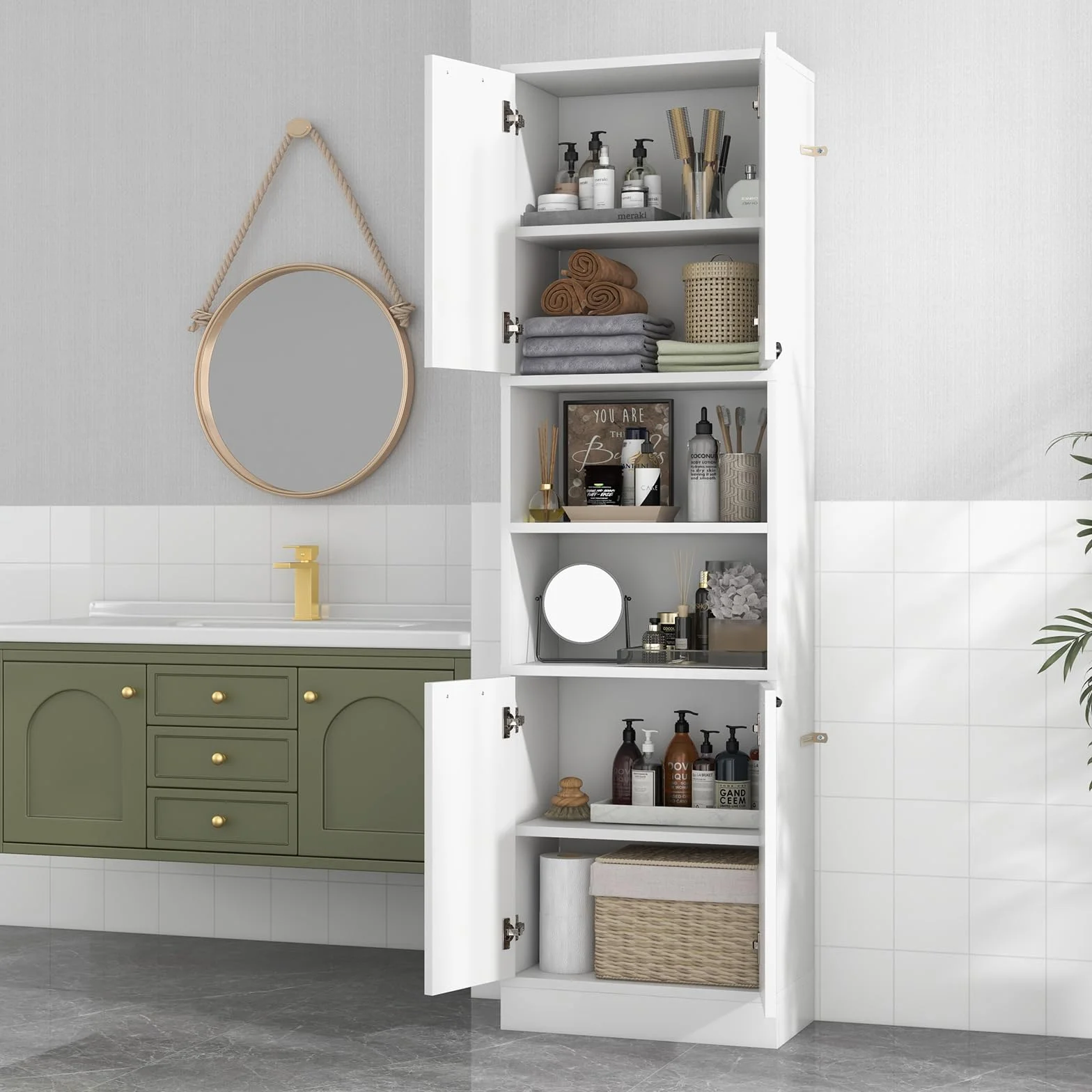 GIANTEX Armario Alto de Baño 56x30x190 cm Mueble Almacenamiento 4 Puertas 2 Compartimentos Abiertos Organizador 6 Estantes Blanco