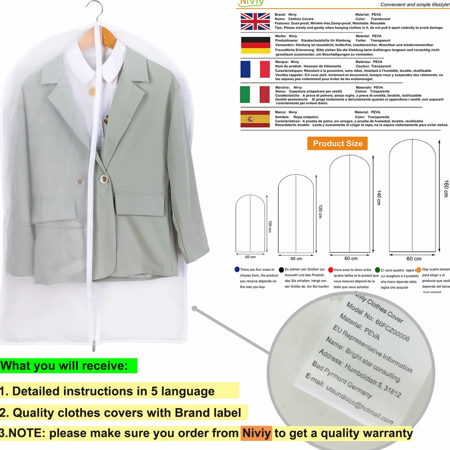 Fundas Ropa Armario Juego 6 Fundas Transparentes 60x100 cm Tejido Transpirable para Trajes Vestidos Abrigos