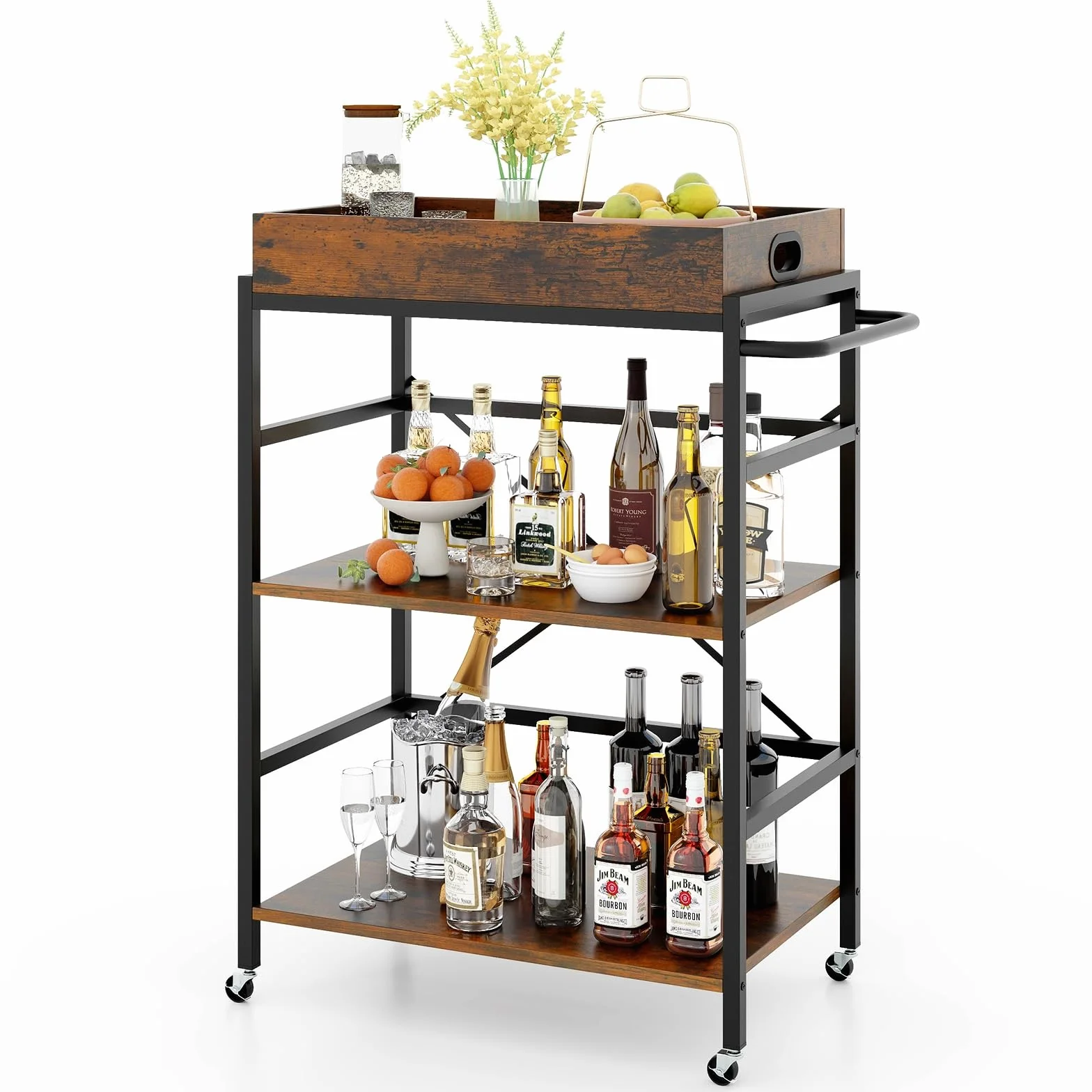 COSTWAY Carrito de Servicio de 3 Niveles, Carrito Móvil Industrial con Bandeja Desmontable, 4 Ruedas Bloqueables y 1 Asa Práctica, Barandillas Protectoras, Carrito Cocina para Bares, Restaurantes
