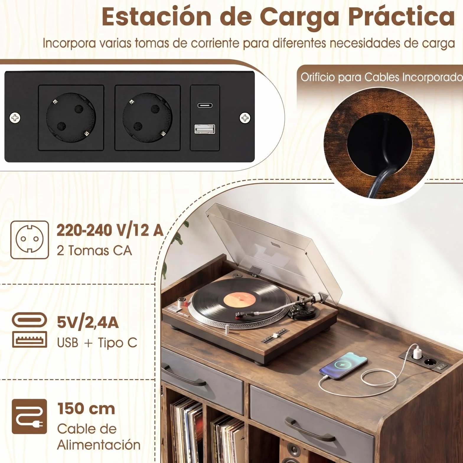 COSTWAY Mueble para Tocadiscos y Vinilos con Estación de Carga, 5 Compartimentos, 76x35,5x68,5 cm