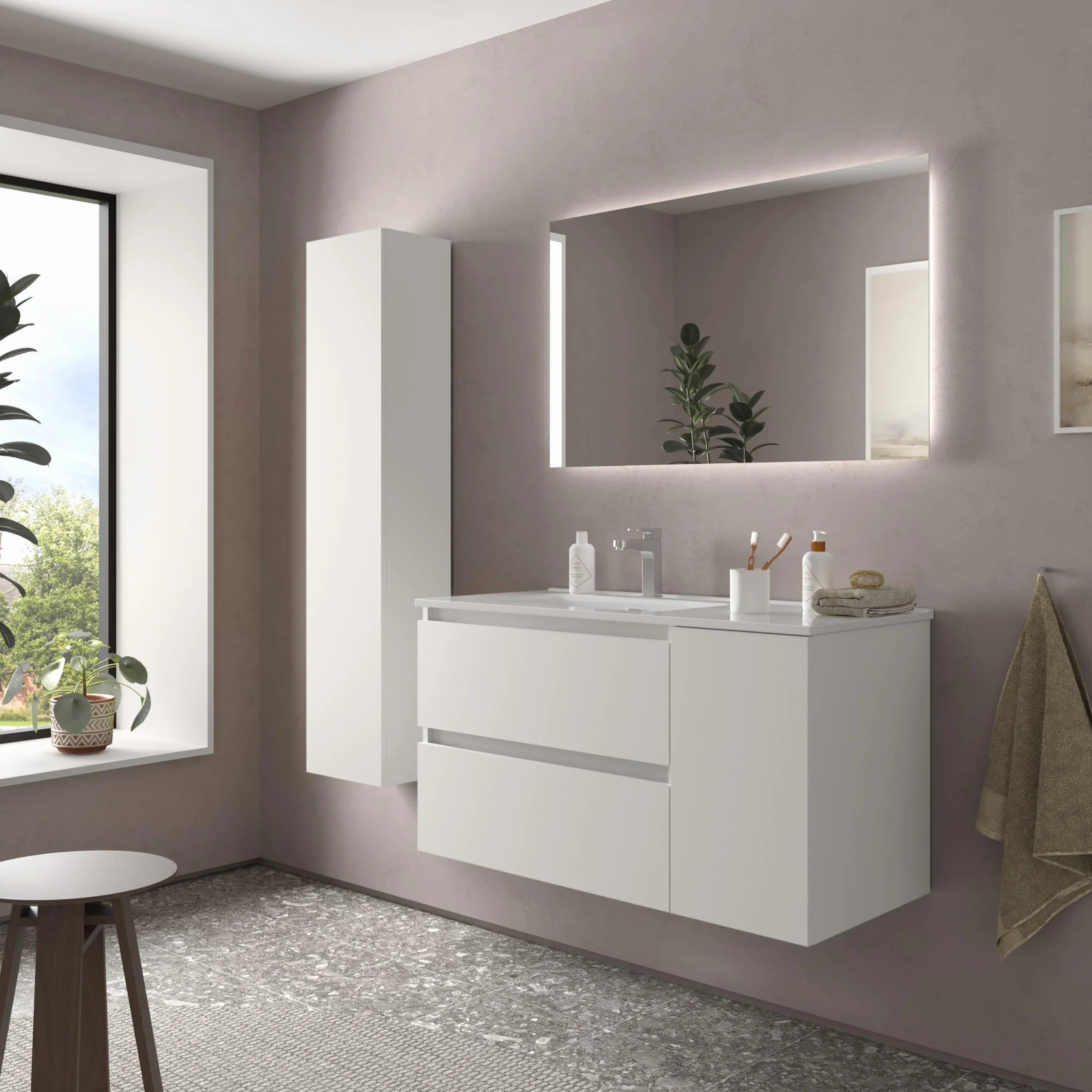 Salgar Mueble de Baño Bequia 90cm + Coqueta 1 Puerta Derecha + Lavabo cerámica | Blanco Mate |90x45x56