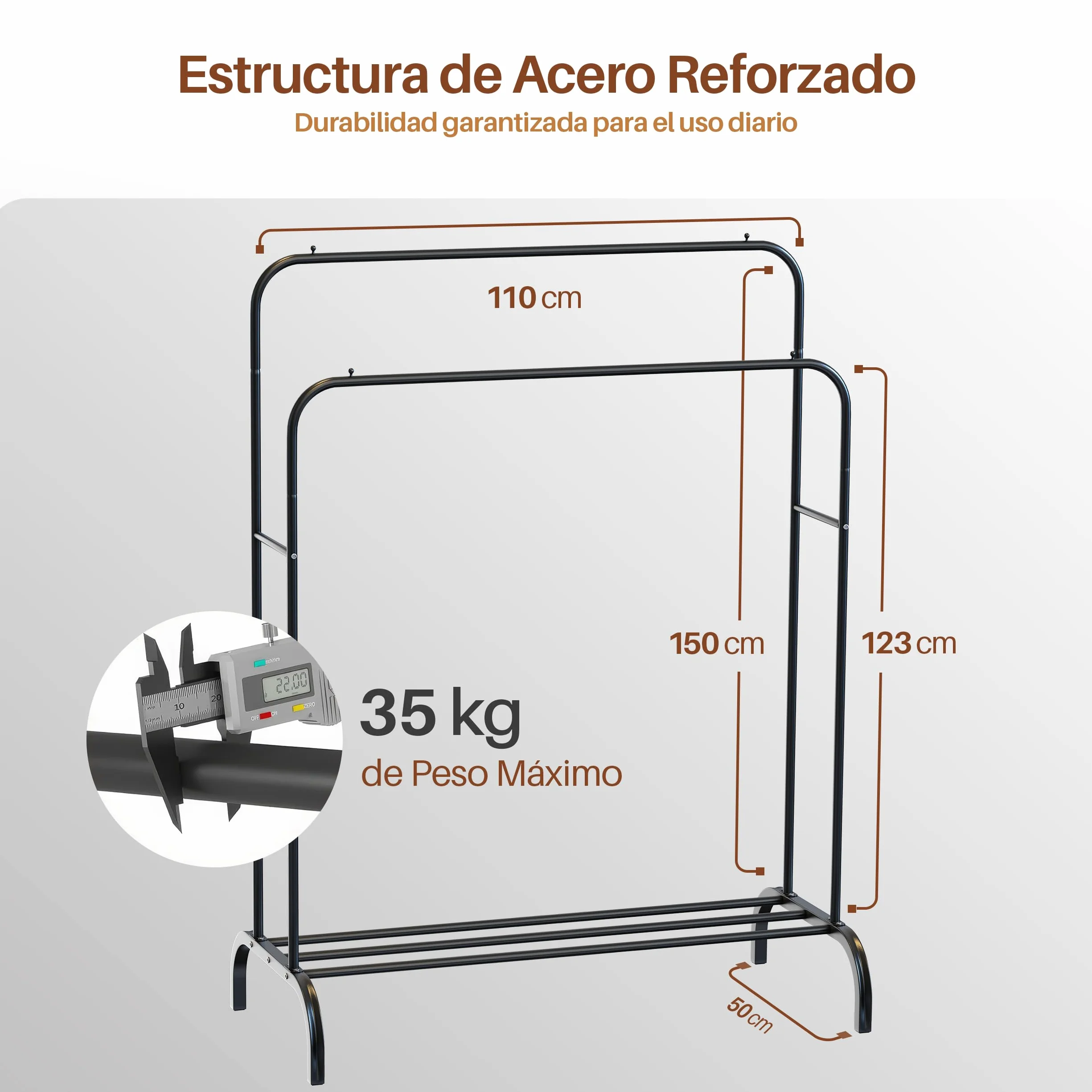PORTENTUM Perchero de pie acero resistente 35 kg Organizador doble barra zapatero antideslizante
