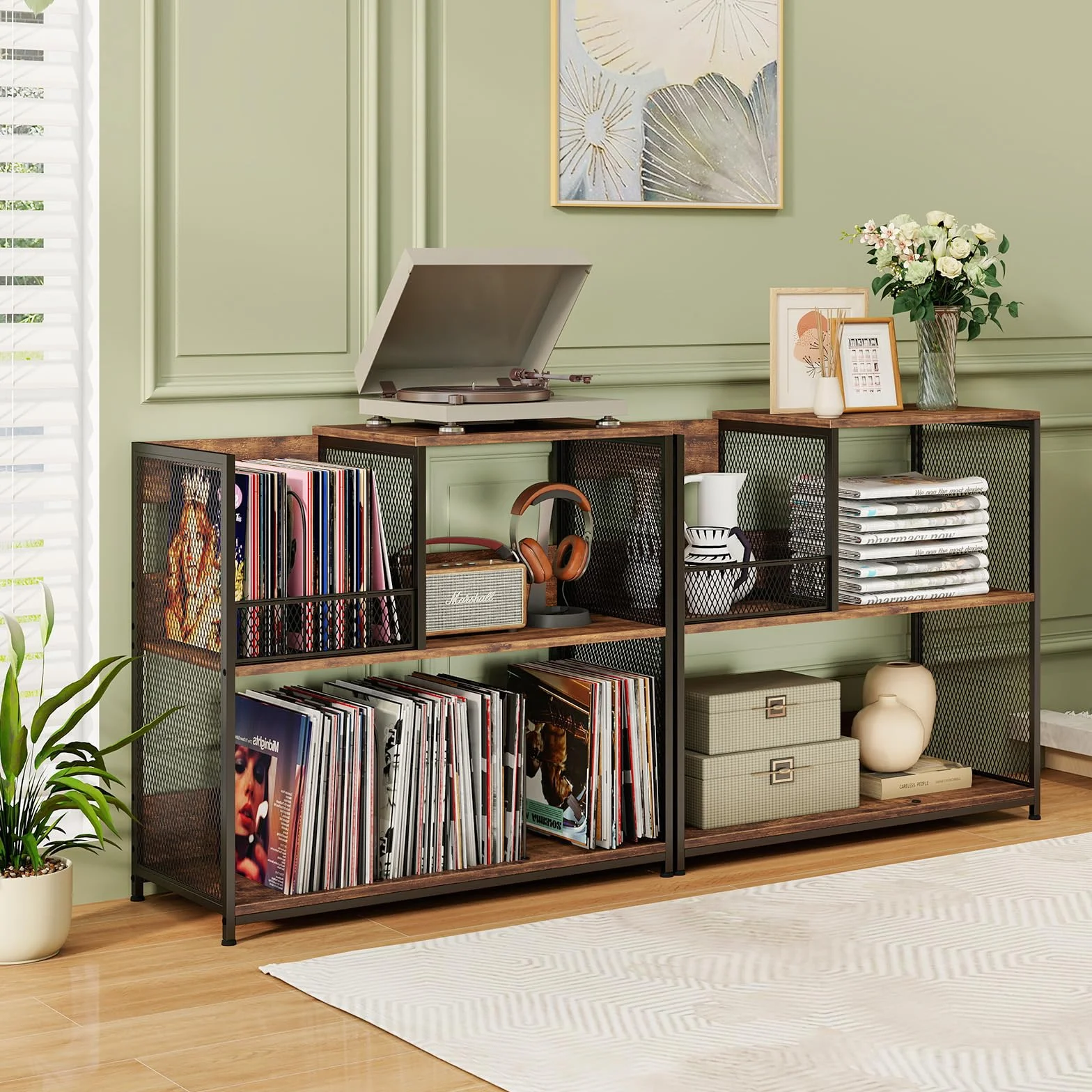 KOMFOTTEU Soporte para Tocadiscos de 3 Niveles, Mesa Auxiliar para hasta 300 Álbumes, Mueble para Tocadiscos con 3 Divisores Extraíbles, Marco de Metal, para Salón, Dormitorio