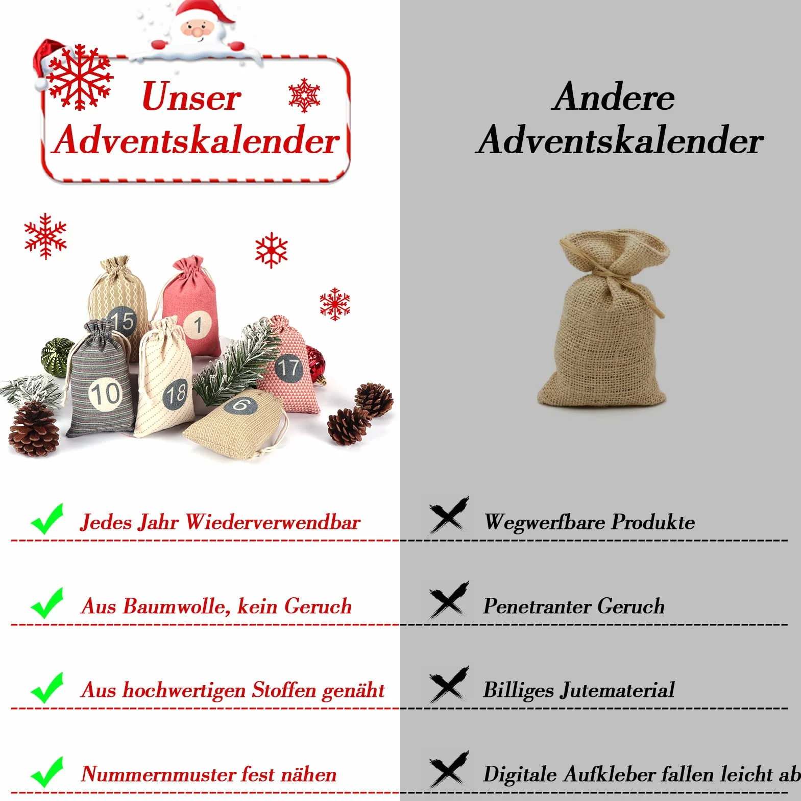 Calendario de Adviento para rellenar, 24 bolsas de tela, autorellenable, juego de manualidades para niños