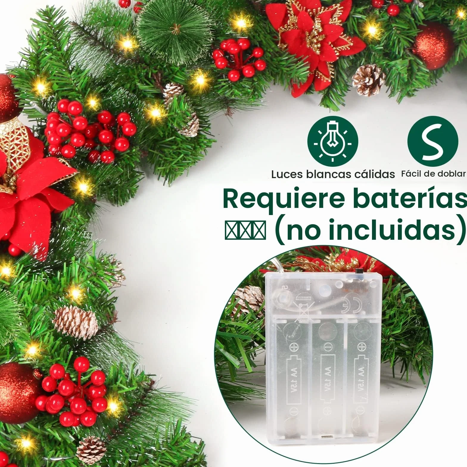 Guirnalda de Navidad, 2.7m Guirnalda Navideña con 50 LED Luces, Guirnalda de Navidad con 8 Modos de Iluminación, Guirnalda Navideña para Escaleras, Puerta, Arco, Hogar, Exterior, Decoración (Rojo)