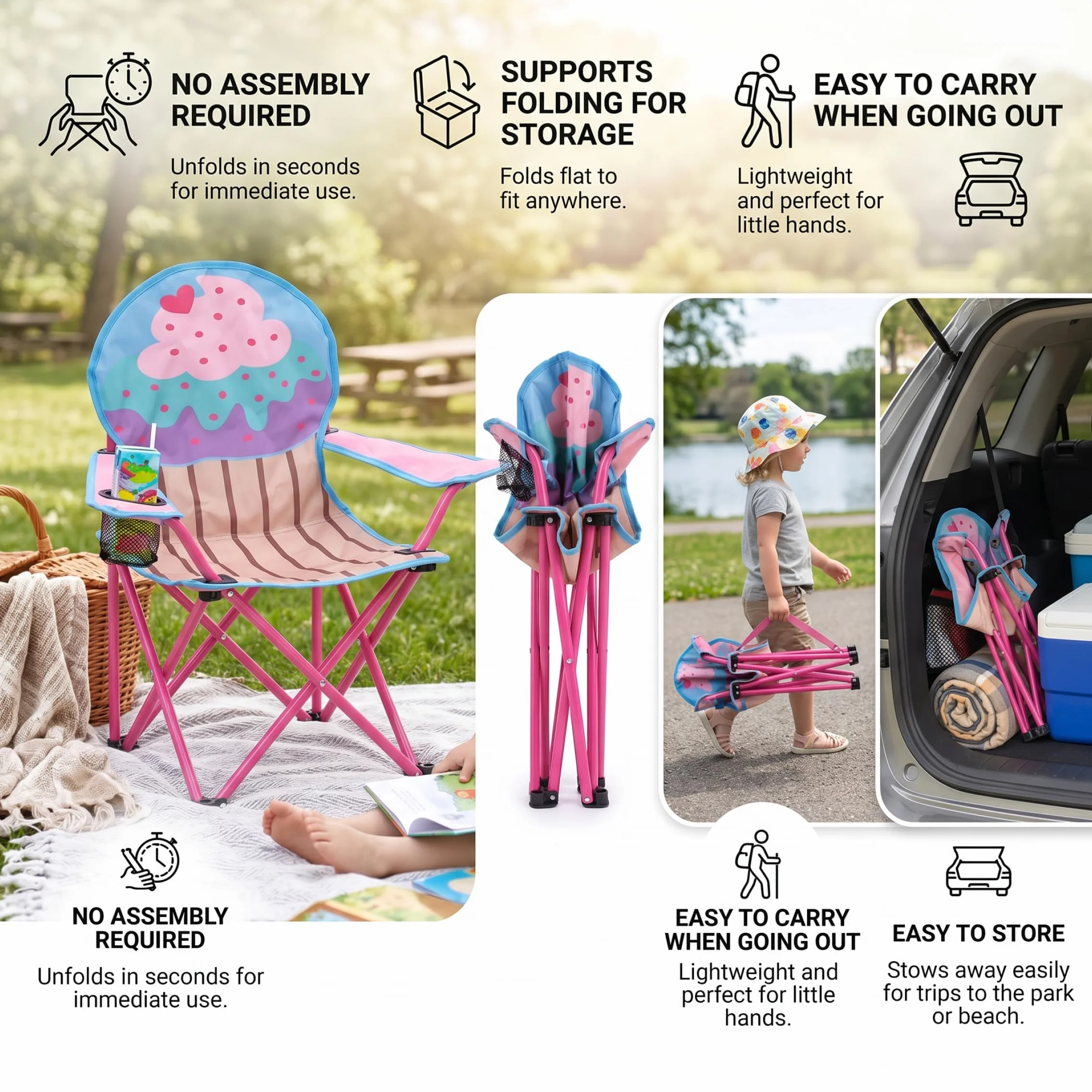 Silla plegable para campamento para niños con portavasos, silla portátil para exteriores para niños pequeños de tela Oxford 600D, patrón de helado de pastel, liviana para playa, senderismo, picn