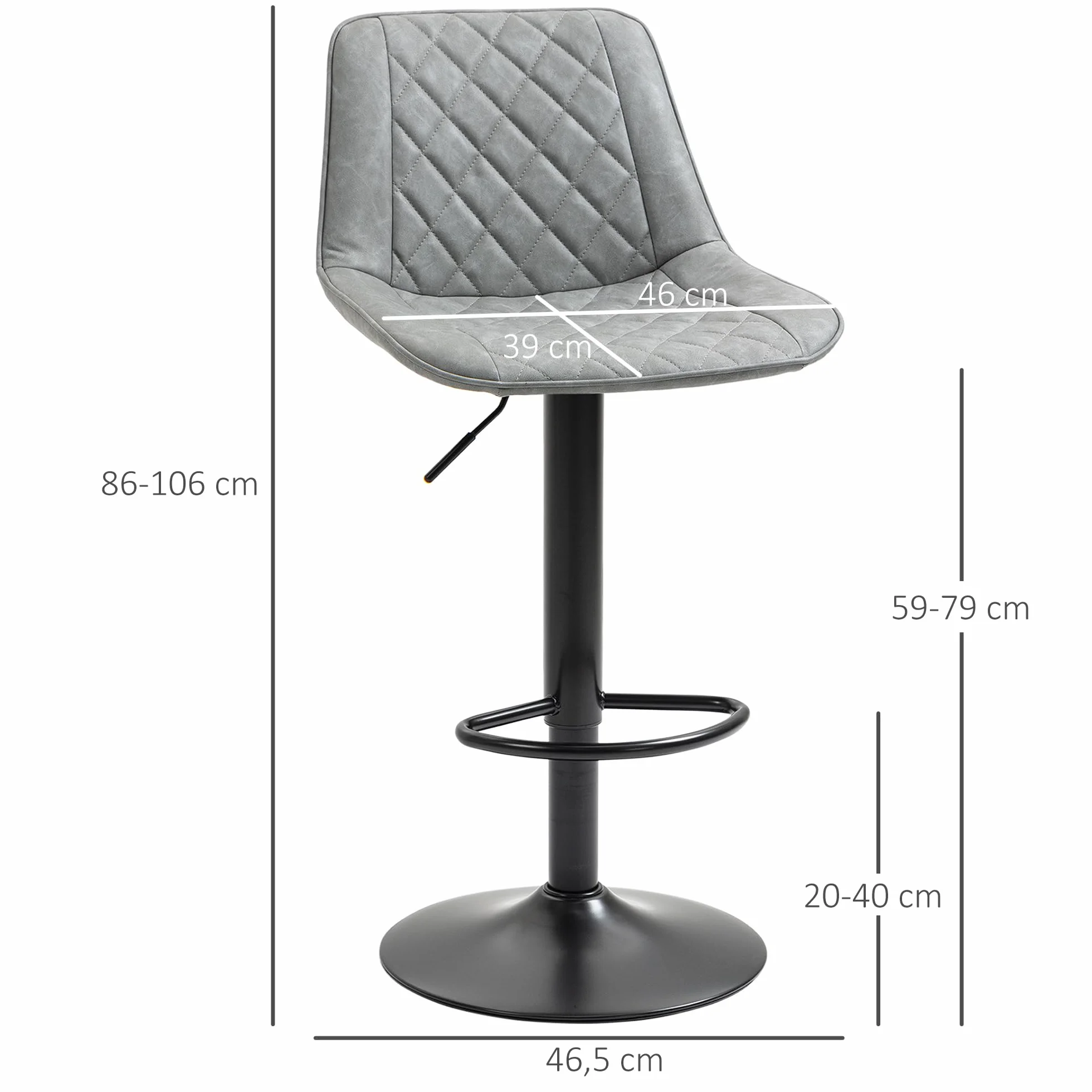 HOMCOM Juego de 2 Taburetes de Bar Giratorios, Taburetes Altos de Cocina con Altura Ajustable 86-106 cm, Sillas Altas de Cocina, Tapizada en Cuero Sintético, Respaldo y Reposapiés, Gris