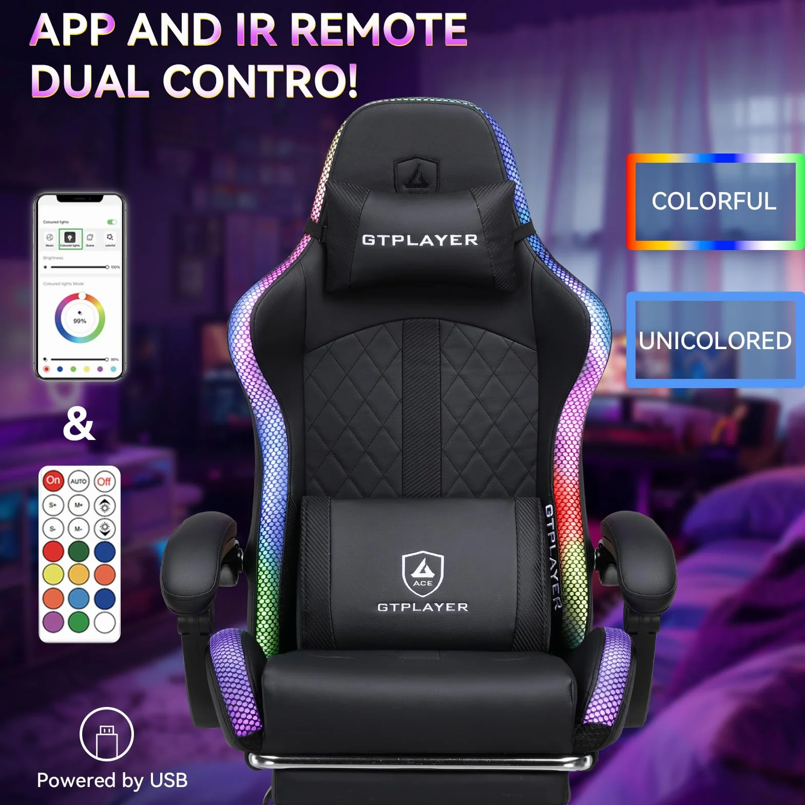 GTPLAYER Silla de gaming, silla de oficina, silla de gaming con altavoz y barra de luz, silla gamer, respaldo con bolsa de almacenamiento, silla ergonómica de PC con mando a distancia