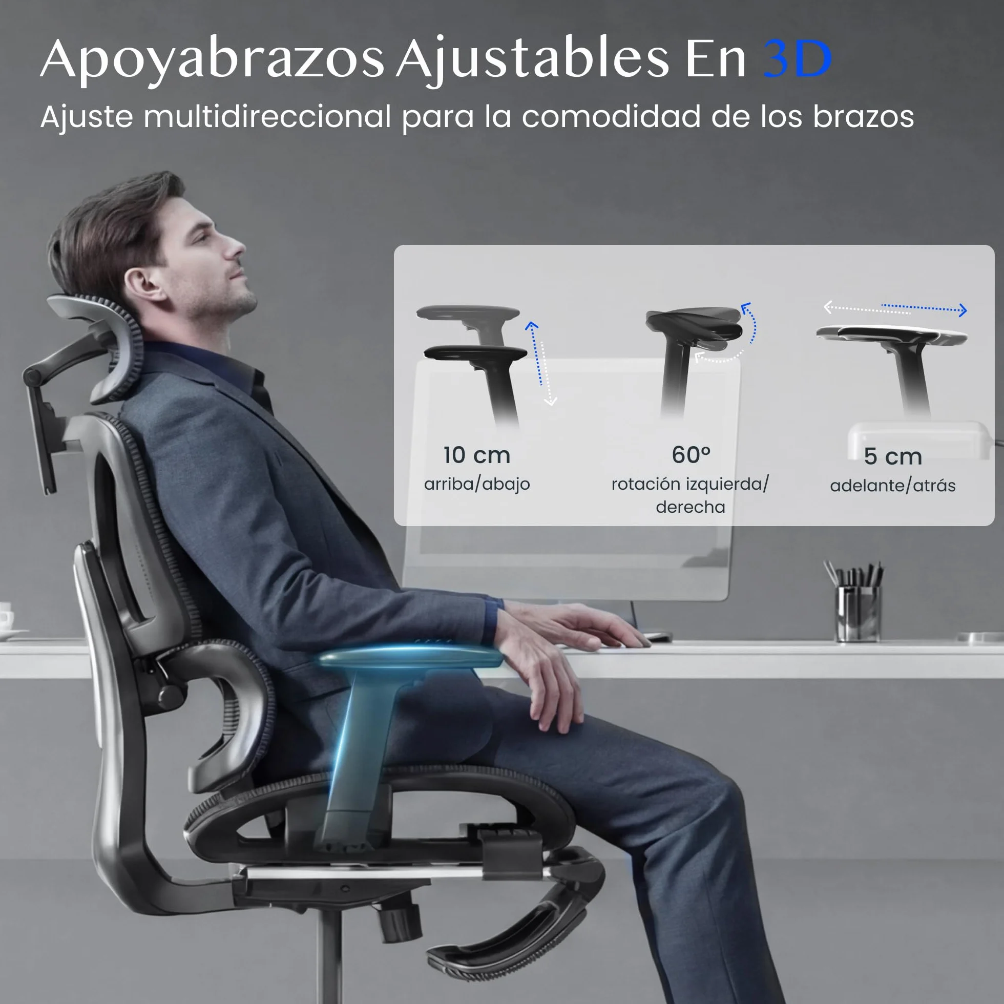 FLEXISPOT ErgoX Silla Escritorio Ergonómica con Reposapiés, Soporte Lumbar, Reposabrazos 3D, Inclinación 135°, Gris