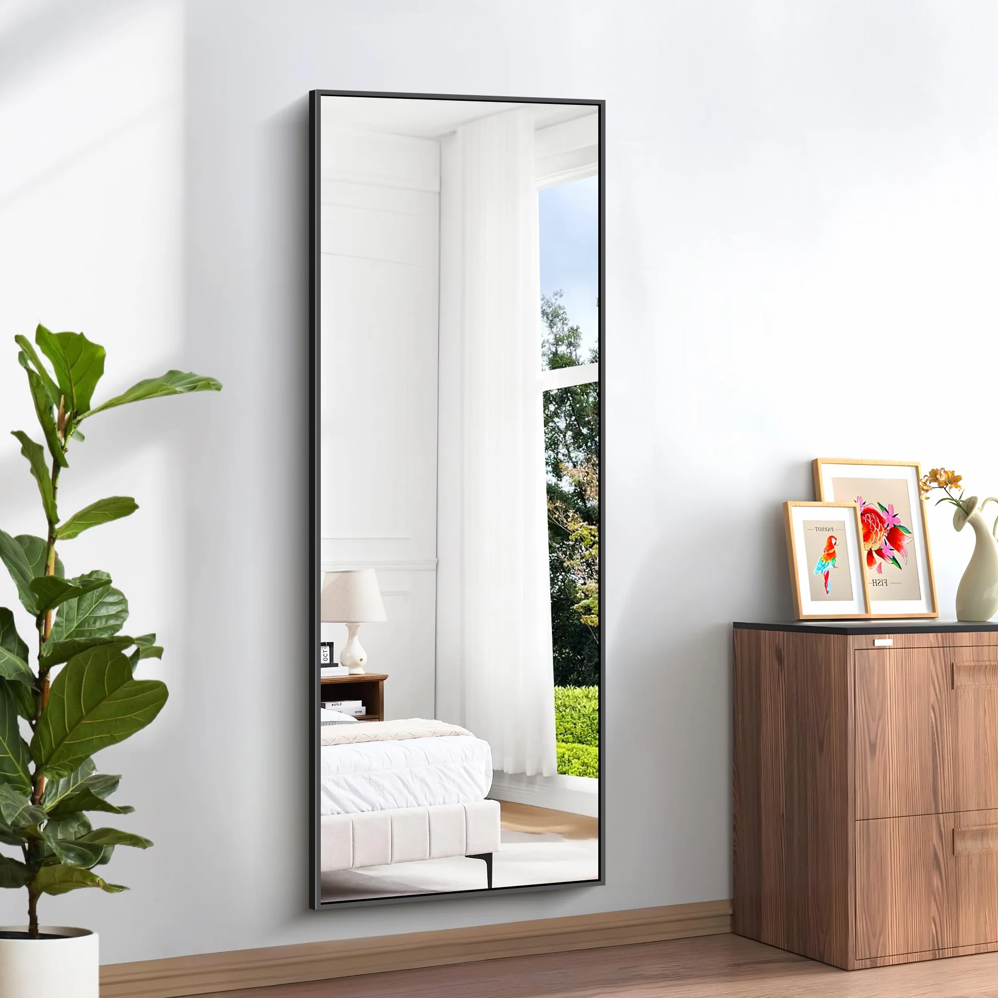 BONEWEI Espejo de Pie 165 x 60 cm, Espejo Rectángulo de Cuerpo Entero con Marco de Aluminio Negro, Espejos Grandes de Pared Inclinado o Colgante para Salón, Dormitorio, Entrada
