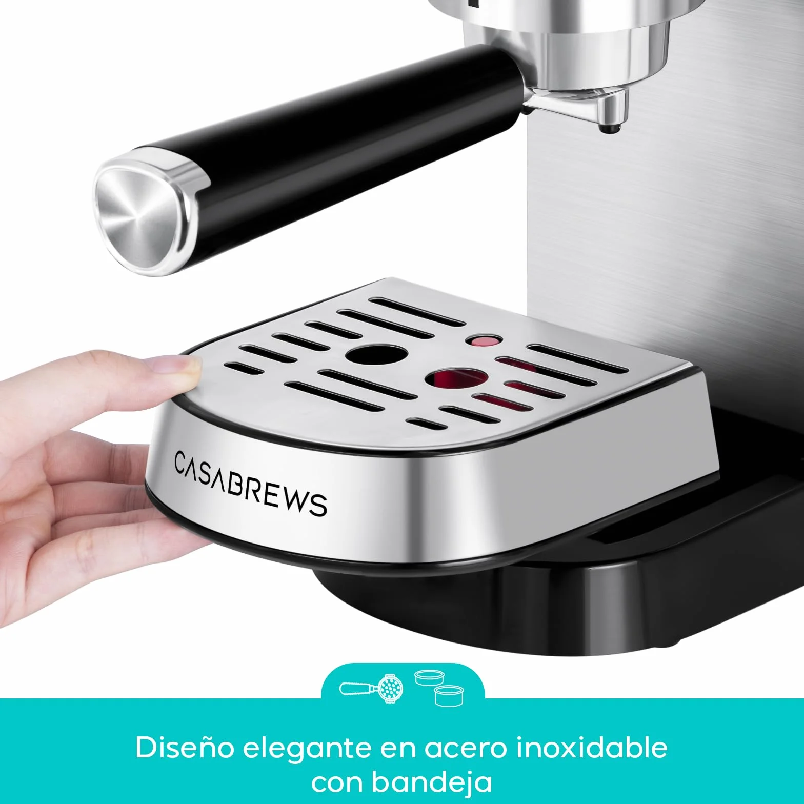 CASABREWS Cafetera Expresso y Capuccino, 20 Bares Café Expreso Manual con Manómetro, Barista Cafetera Cafe Molido, Depósito Extraíble de 1L, Portafiltros con Doble Salida y 2 Filtros, 1350W, Inox