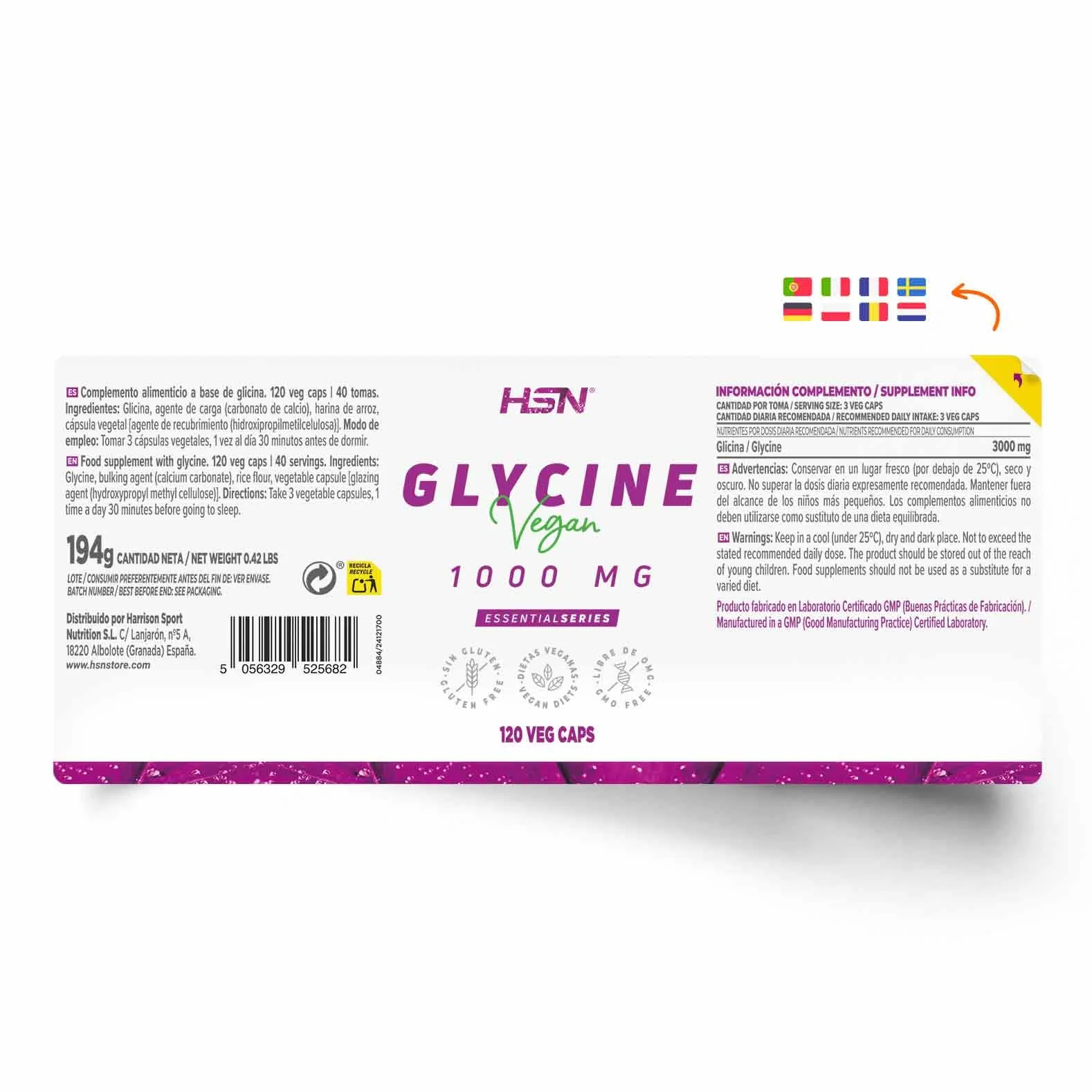 HSN Glicina 120 Cápsulas Vegetales 3000mg L-Glicina por Dosis Diaria Alta Concentración No-GMO Vegano Sin Gluten
