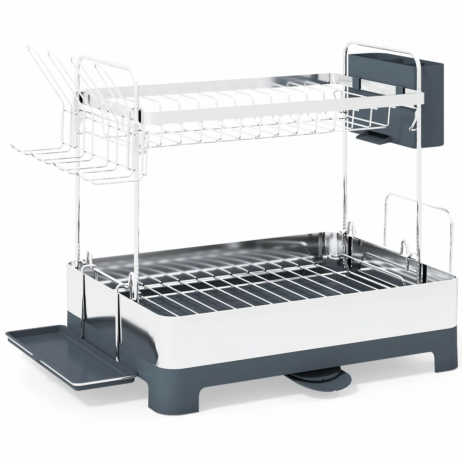COSTWAY Escurreplatos de Acero Inoxidable de 2 Niveles, Escurreplatos sobre Fregadero con Soporte para Utensilios y Tabla de Cortar, Estante de Secado de Platos con Drenaje Giratoria Extensible