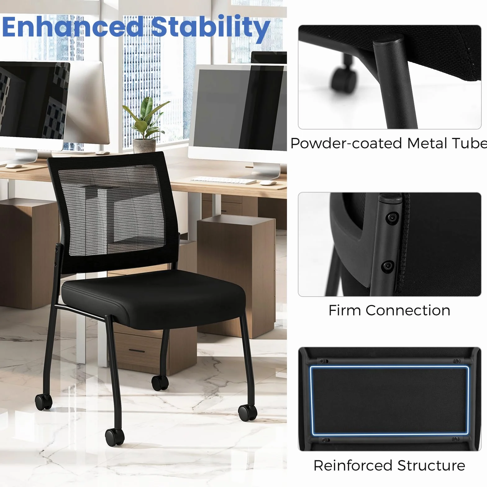 HOMASIS Juego de 2 sillas de Conferencia con Ruedas, Silla de Visita apilable con Rejilla, Silla de Oficina ergonómica con Respaldo, Silla apilable para Oficina, Conferencia, Negro (Sin reposabrazos)