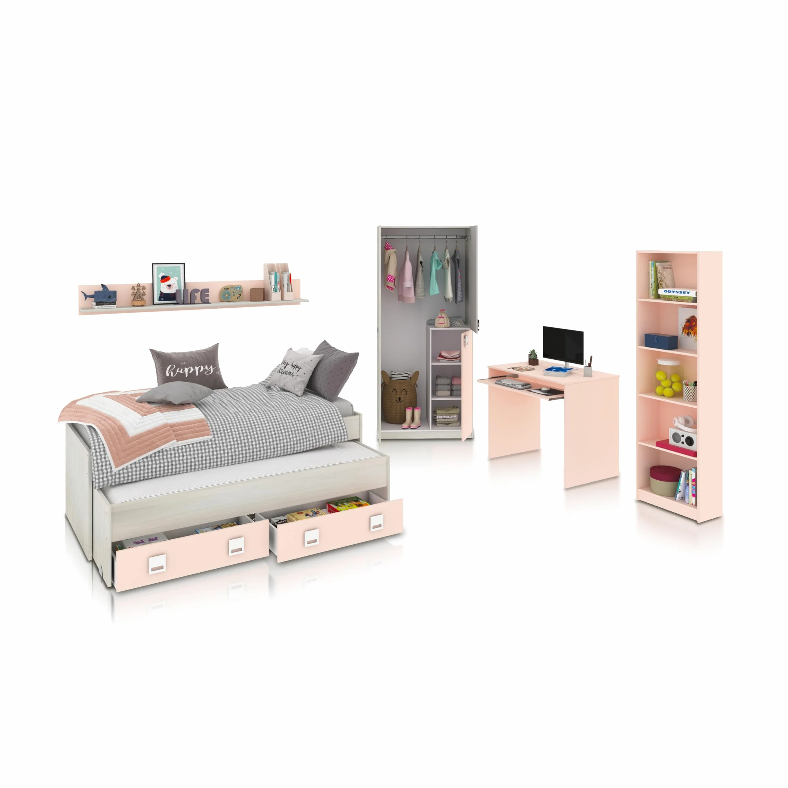duehome | Pack de Dormitorio Juvenial con Cama Nido Juvenil, Armario, Escritorio y Estantería, Conjunto de Dormitorio Infantil, Modelo Kenia MAX, Acabado en Blanco Alpes, Rosa Pastel y Gris