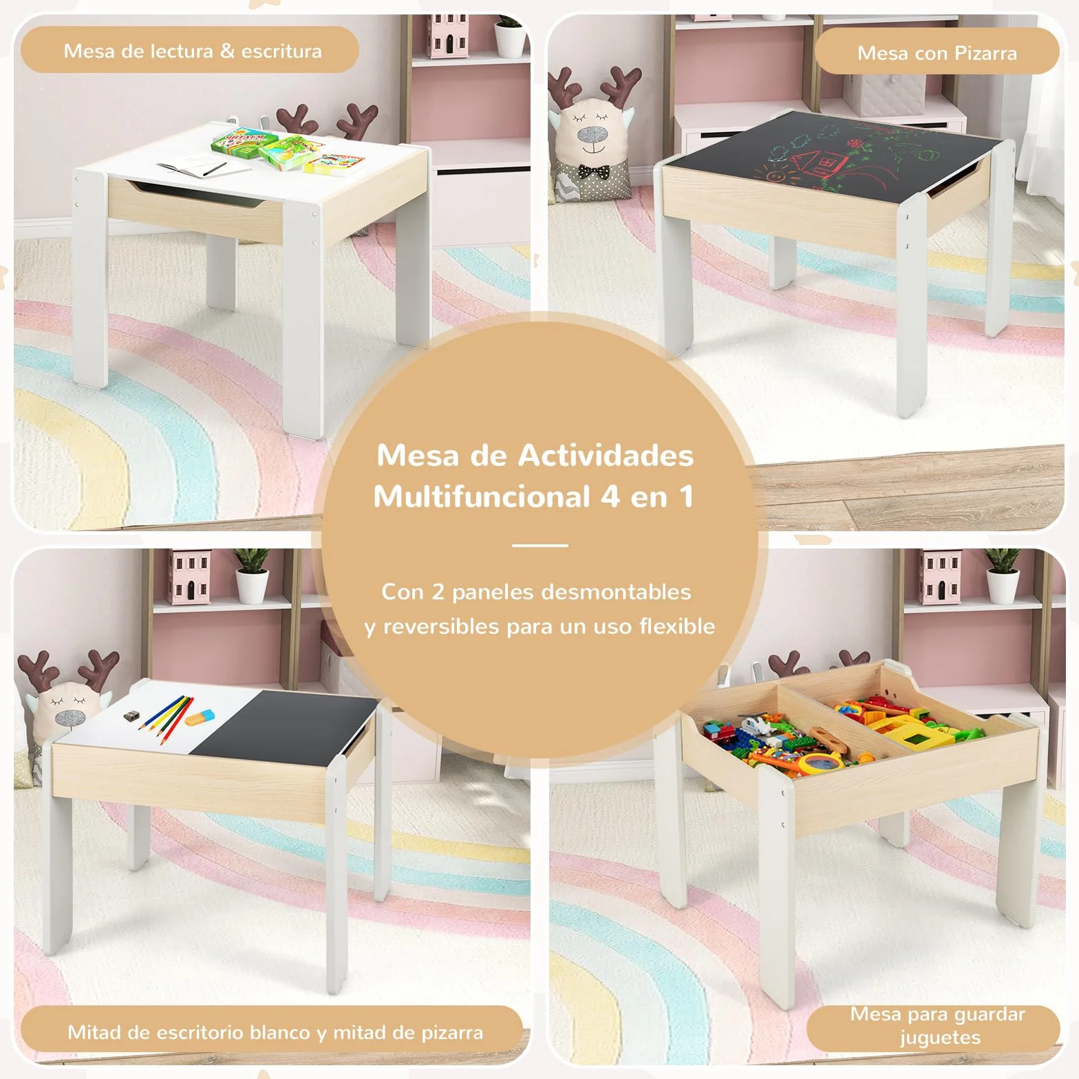 RELAX4LIFE 4 en 1 Juego de Mesa y 2 Sillas Infantil con Pizarra, Pizarra Blanca y Espacio Almacenamiento, Mesa Reversible con Tablero Extraíble para Dibujar, Pupitres para Niños 3-6 Años (Blanco)