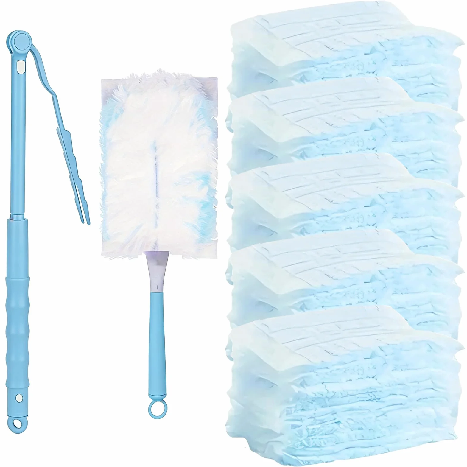 52 Piezas Recambios Plumero Atrapapolvo, Compatible con Swiffer & Otros Dusters, Piezas de Microfibra Desechable, 50 Paños, 2 Asas, para Limpiar Polvo, Pelo de Animales y Suciedad (Azul)