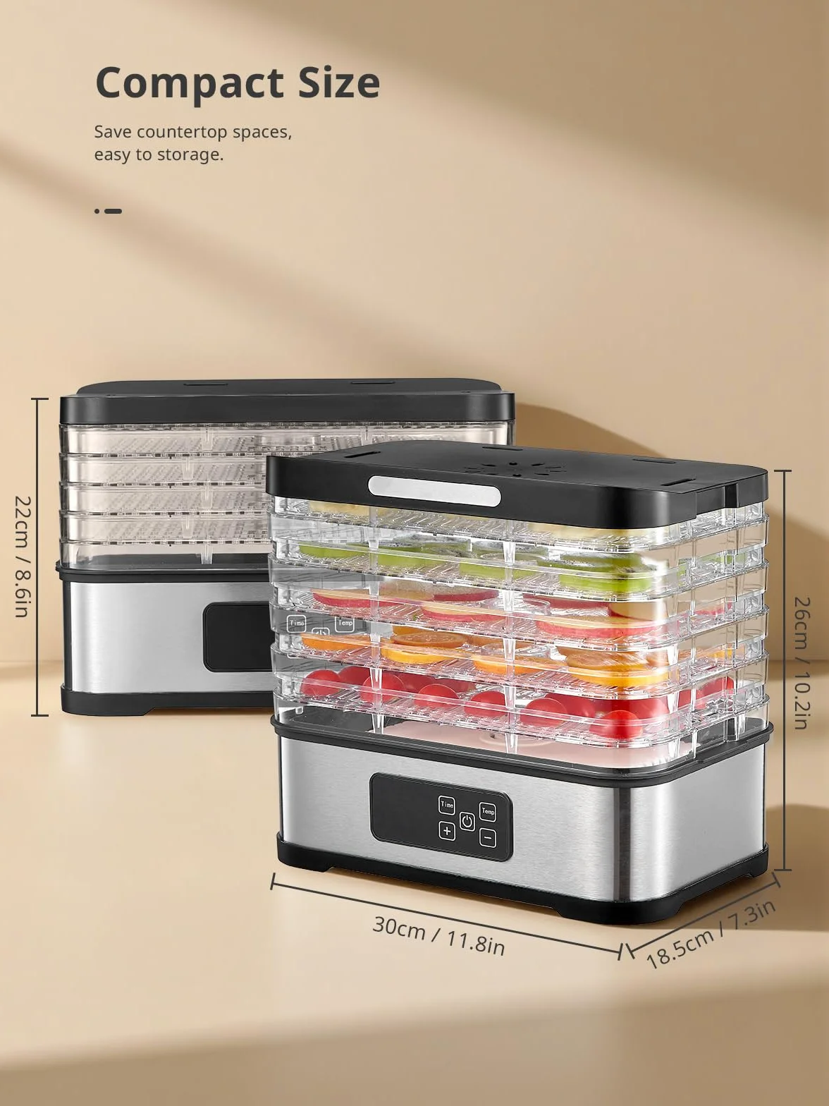 Deshidratador de Alimentos 5 Bandejas, Temperatura 35-70°C, Temporizador 72h, Libre de BPA