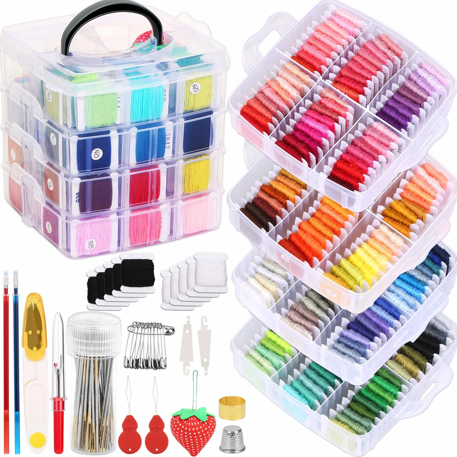 PAXCOO Paquete de 276 hilos de bordado que incluye hilo de coser de punto de cruz de 210 colores con 66 accesorios de bordado y caja organizadora de almacenamiento de hilo de bordado transparente de 4